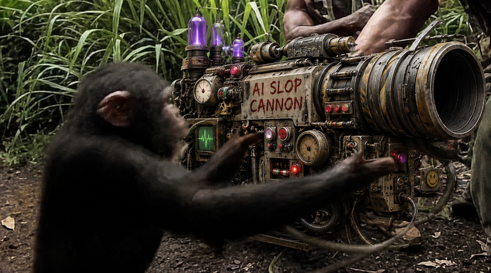 A monkey being handed an "AI slop cannon"