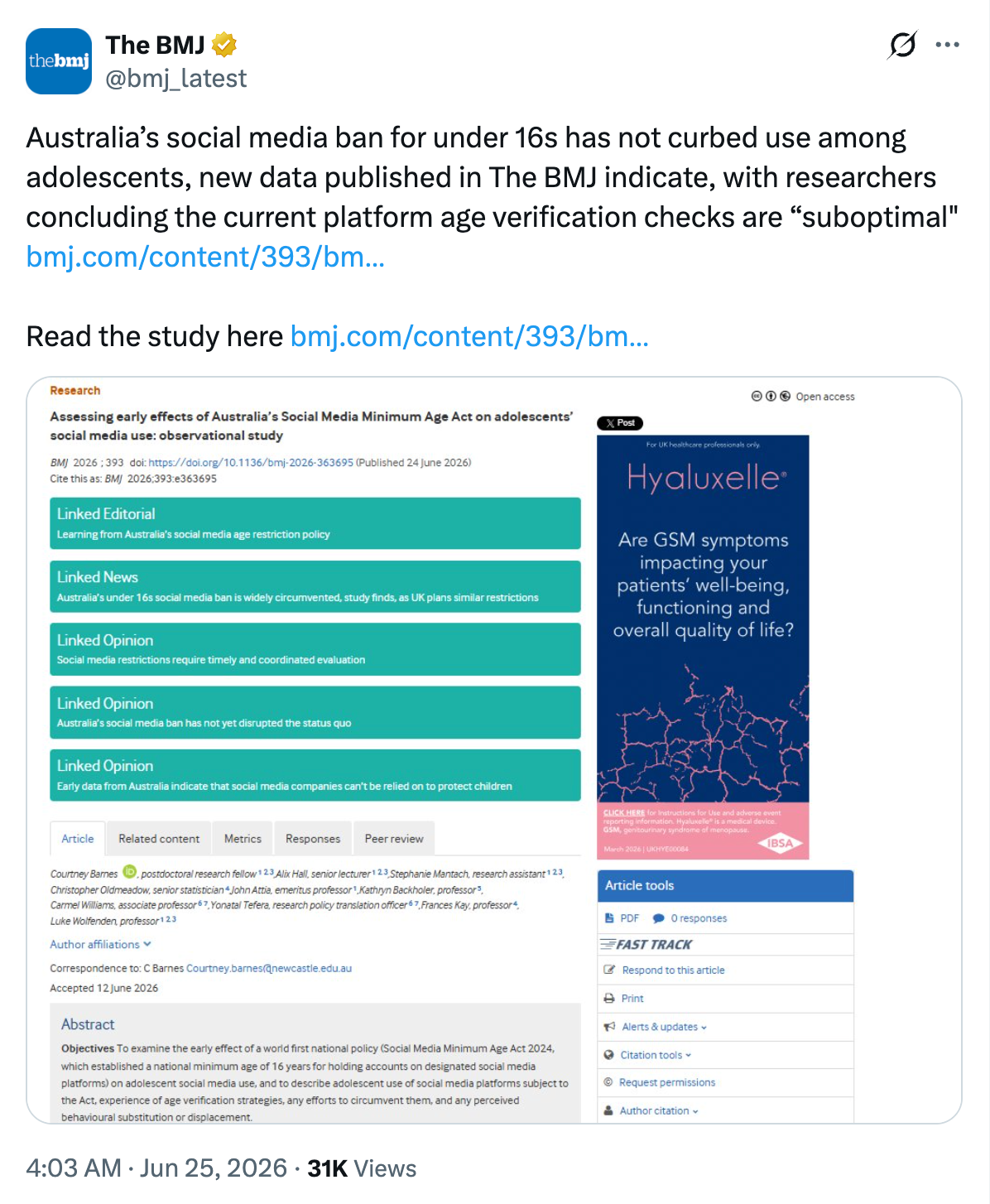 BMJ study on Australia's social media ban