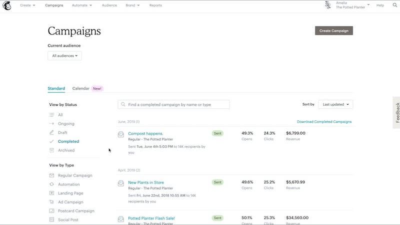The campaign view in Mailchimp