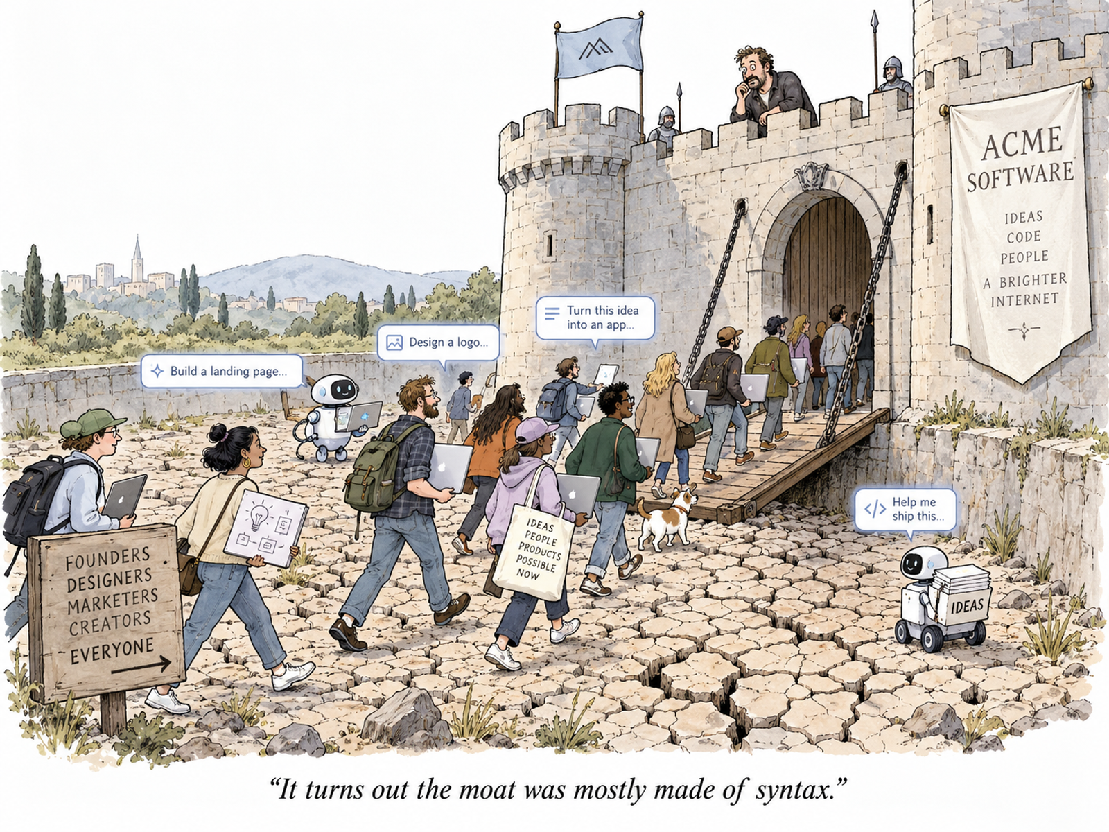 A watercolour illustration: a crowd of founders, designers and marketers carrying laptops walks across a dried, cracked moat and up the drawbridge into a castle labelled ACME Software, while a worried executive watches from the battlements.