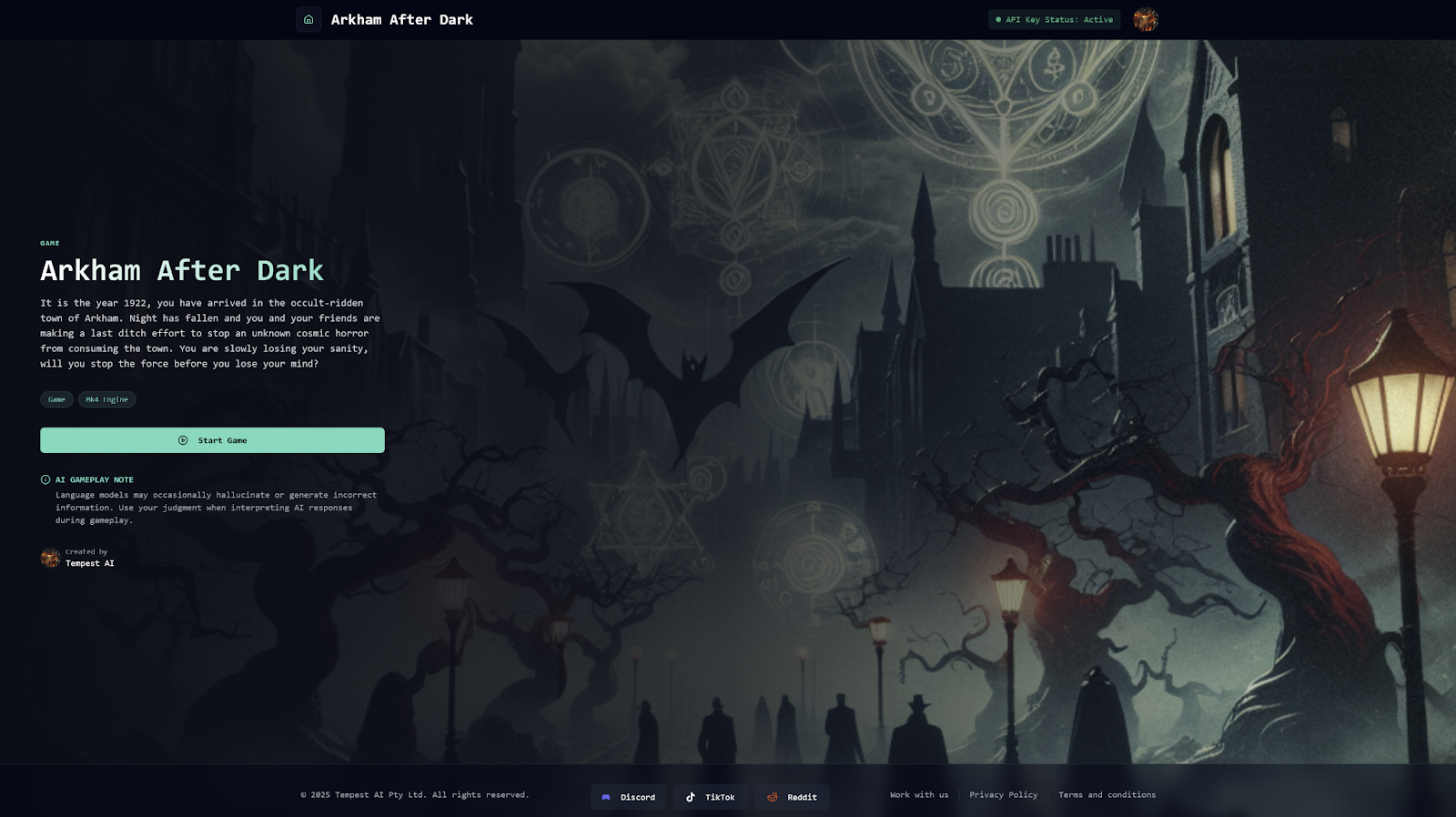 Tempest AI game creator – Arkham After Dark