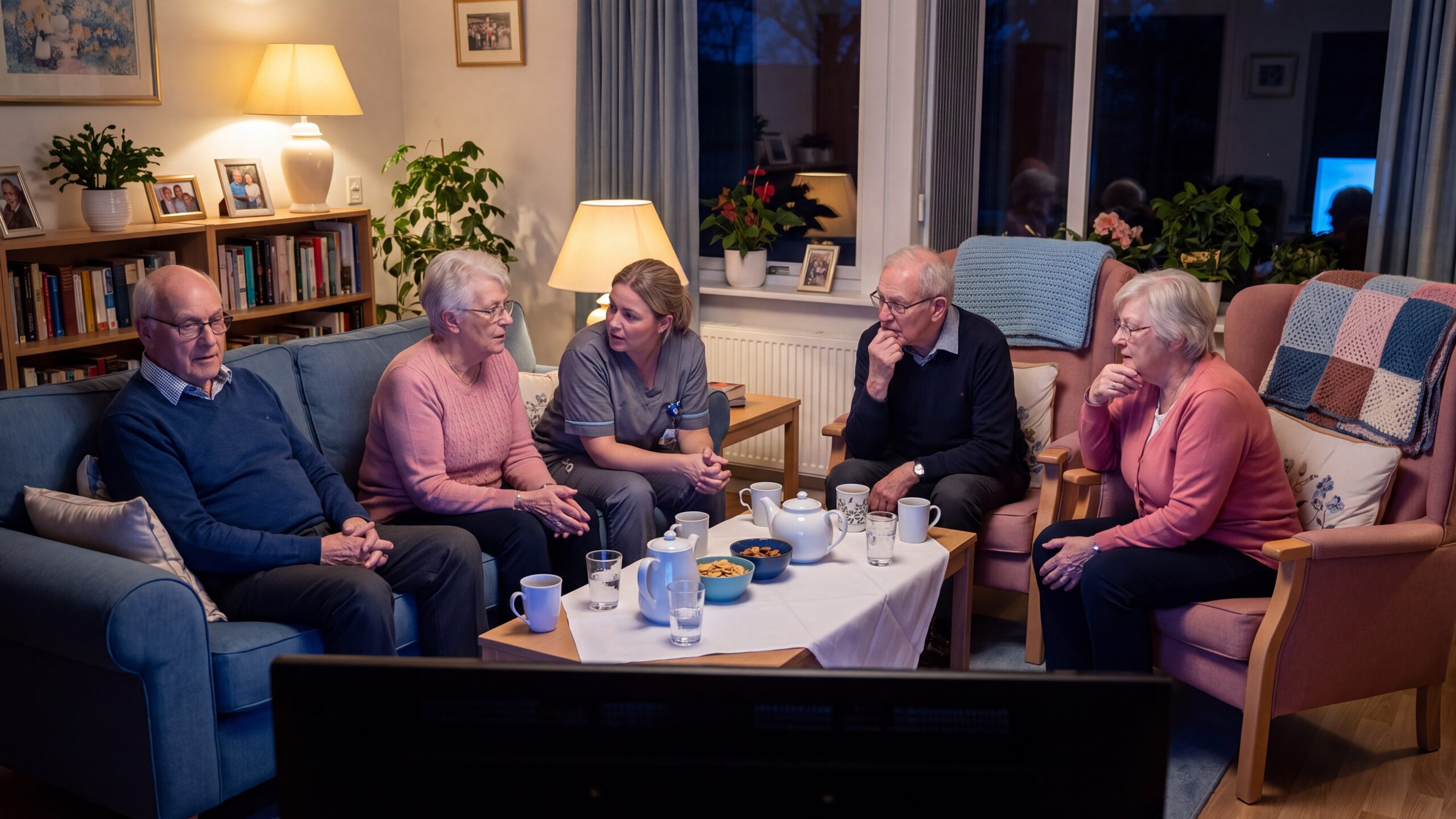 Abendliche Runde im Wohnzimmer bei Lampenlicht