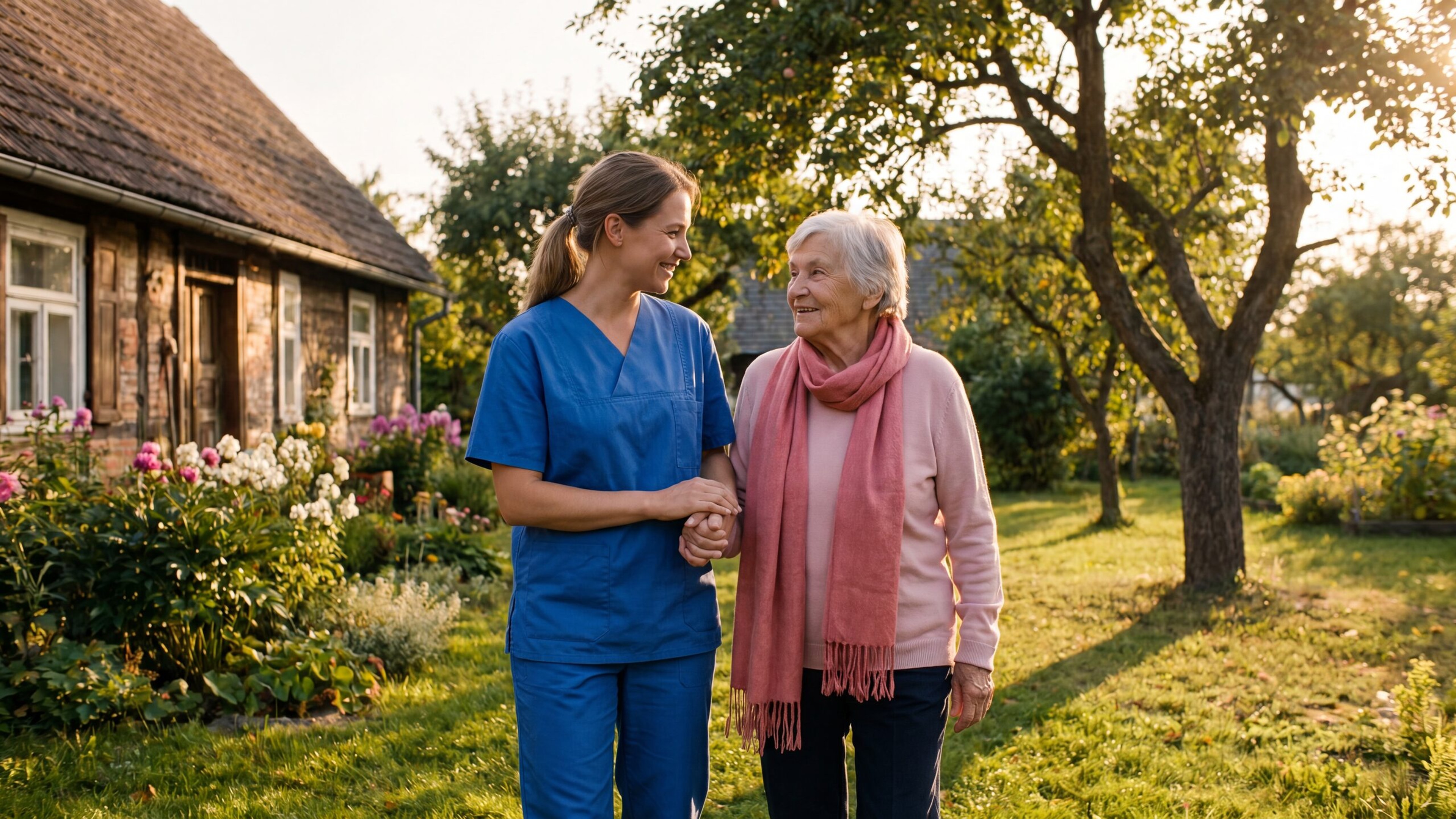 Pflegekraft begleitet eine Seniorin bei einem Spaziergang durch den Garten