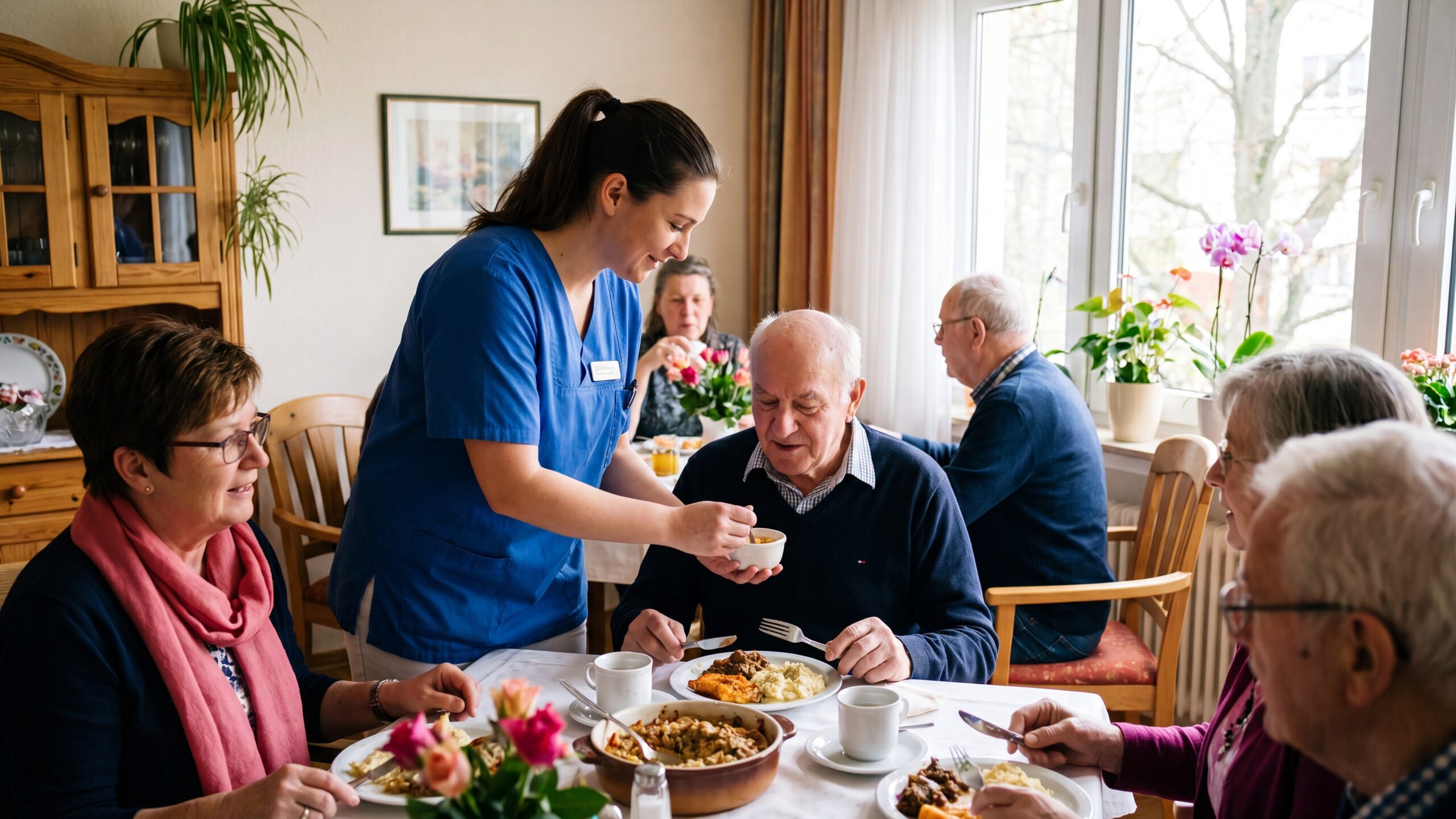 Pflegekraft serviert das warme Mittagessen am gedeckten Tisch