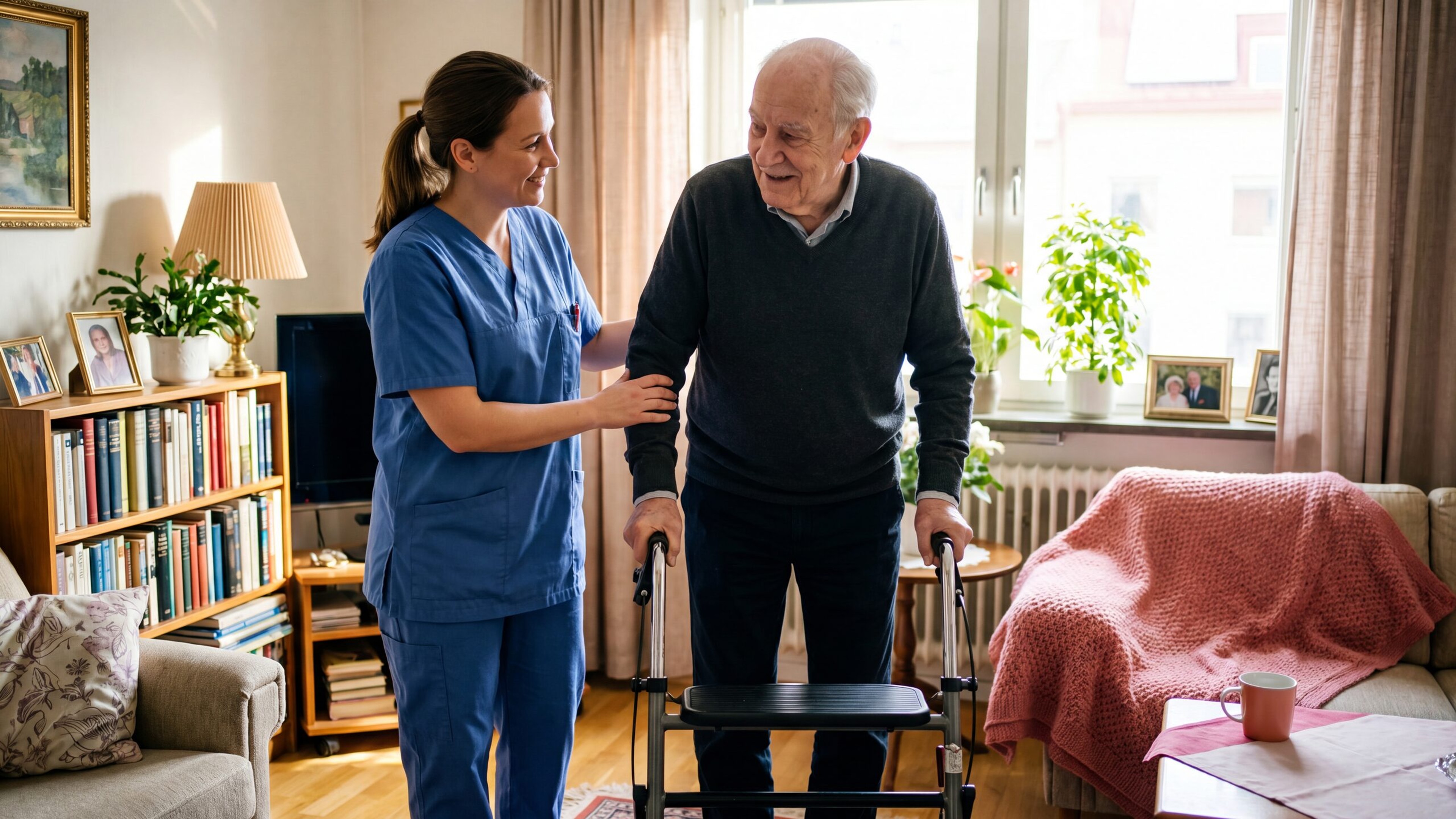 Pflegekraft unterstuetzt einen Senior am Rollator