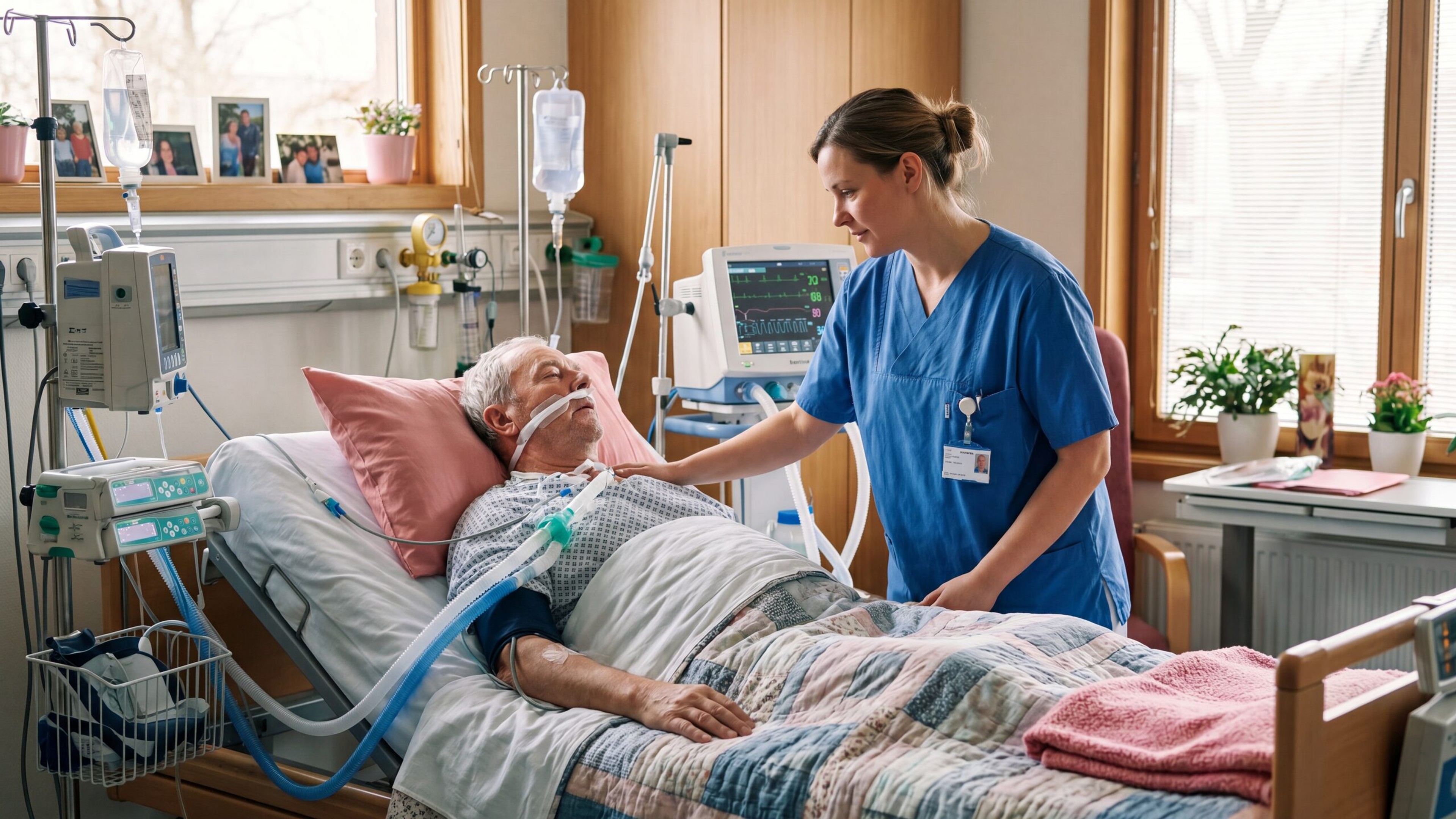 Pflegekraft am Bett eines beatmeten Patienten, Familienfotos am Fenster