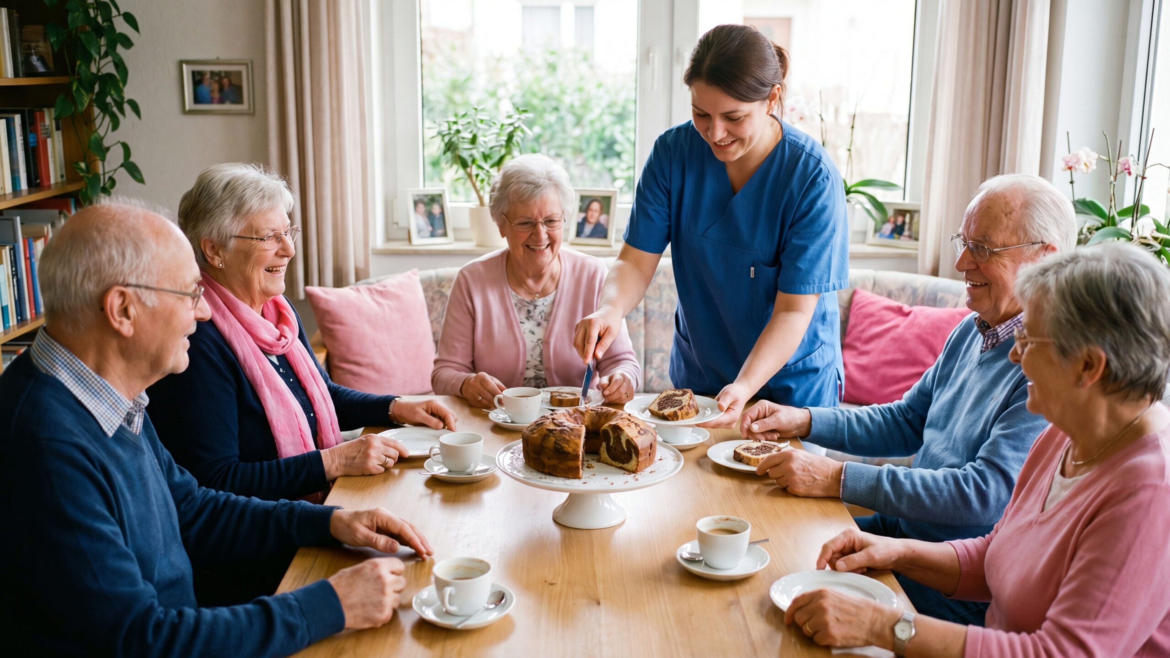 Bewohnerrunde bei Kaffee und Kuchen im Gemeinschaftsraum