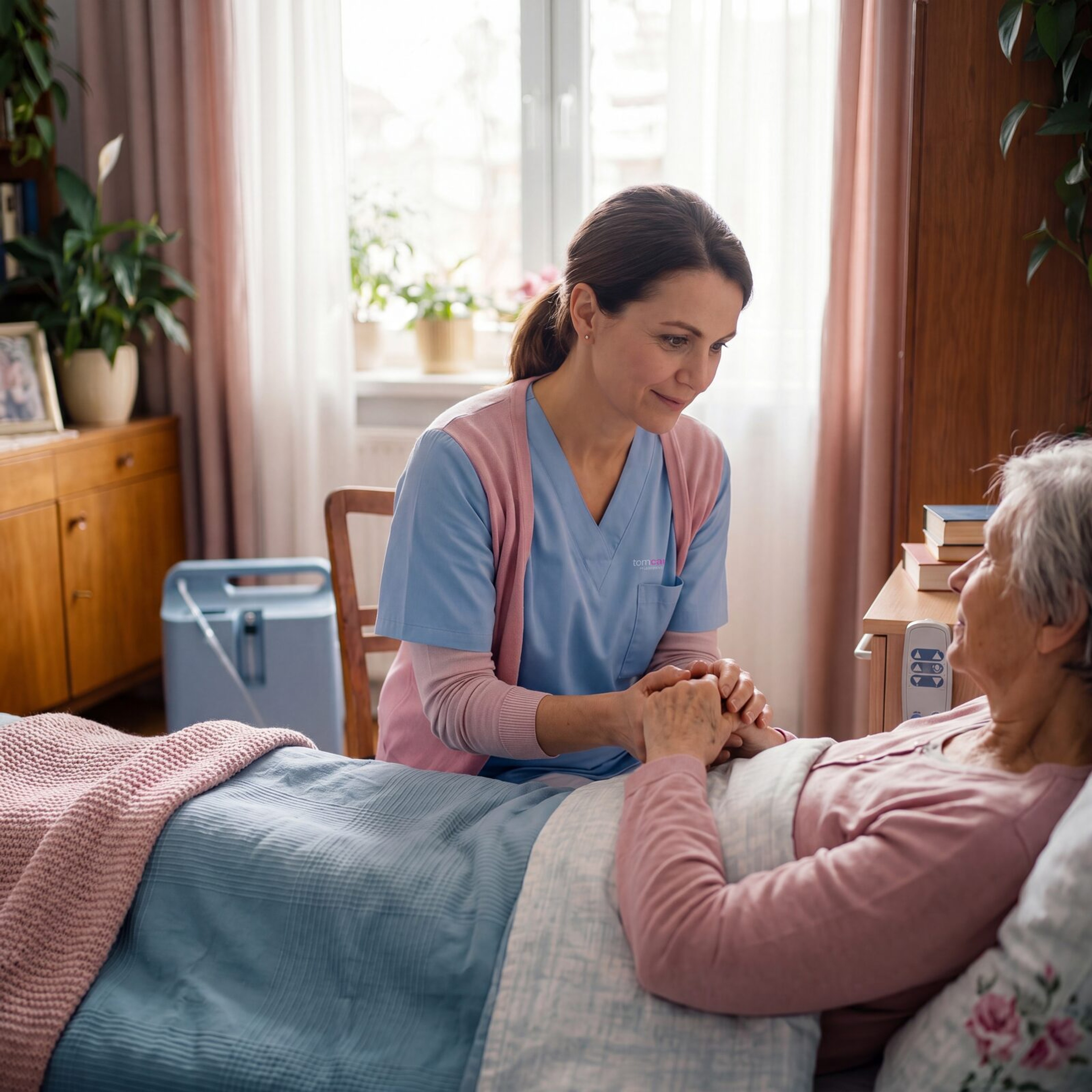 Pflegekraft haelt die Hand einer Seniorin im Pflegebett