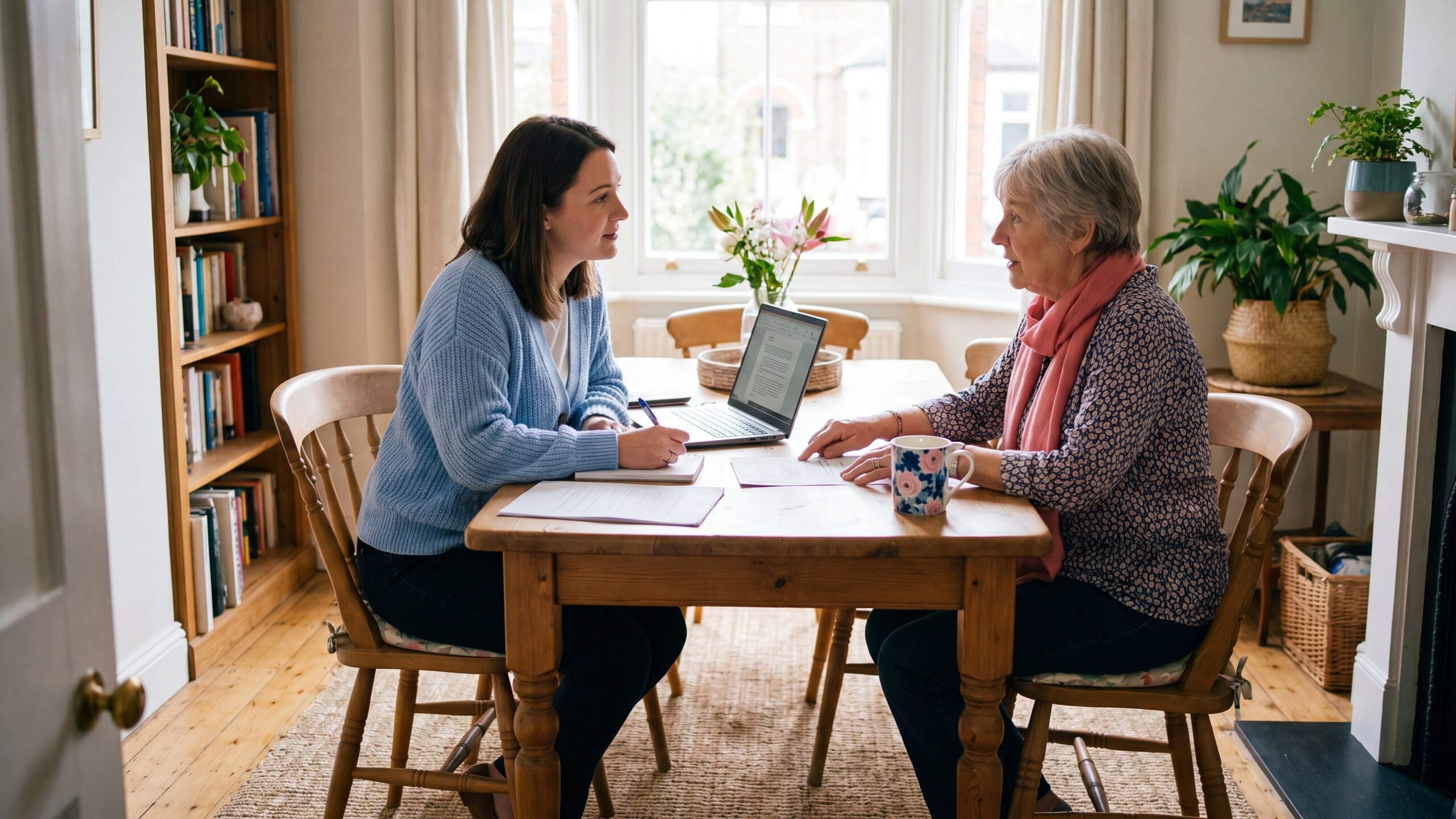 Beraterin und Seniorin besprechen den Pflegebedarf am Esstisch