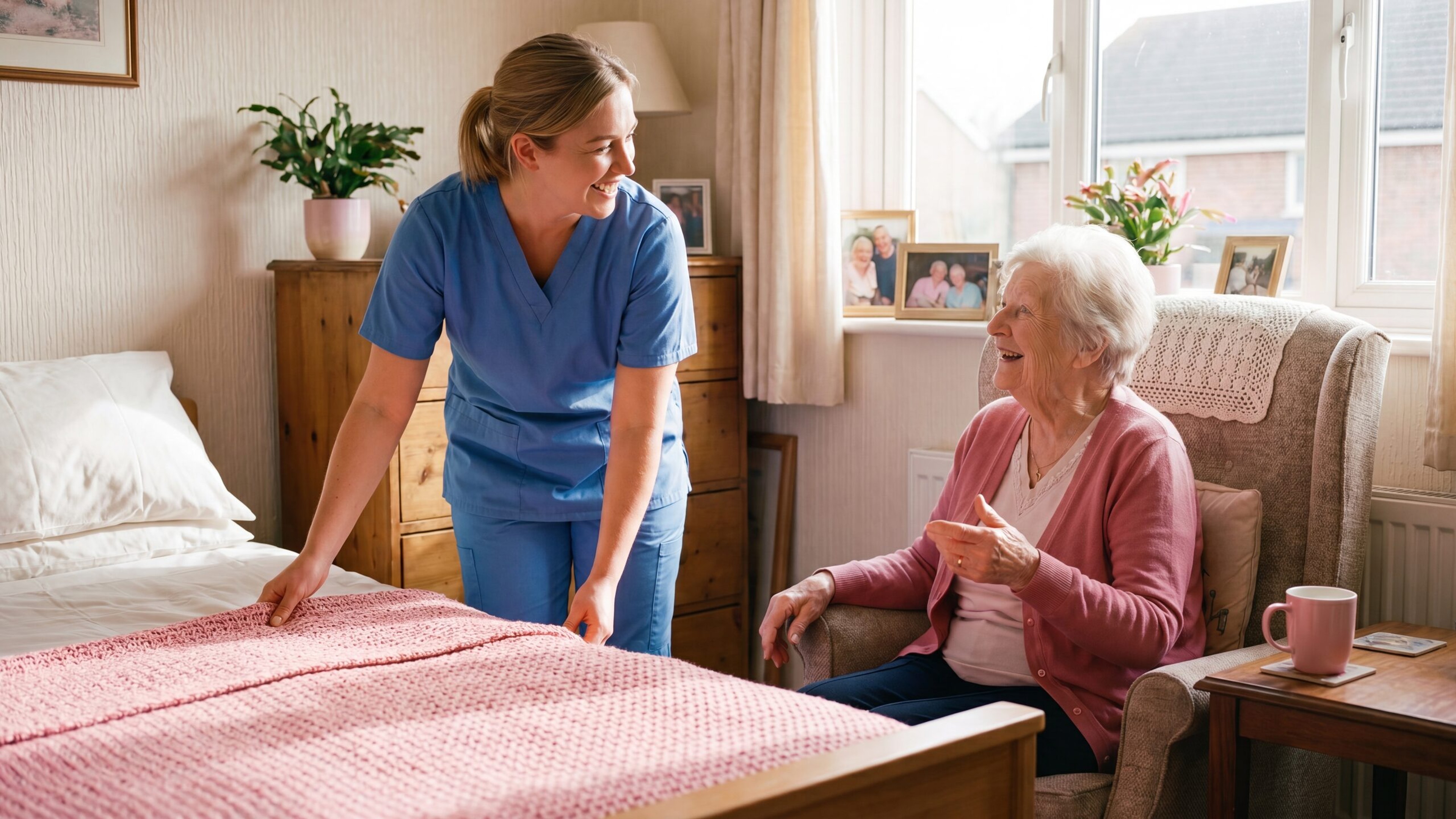 Pflegekraft richtet das Bett, die Seniorin sitzt im Sessel daneben