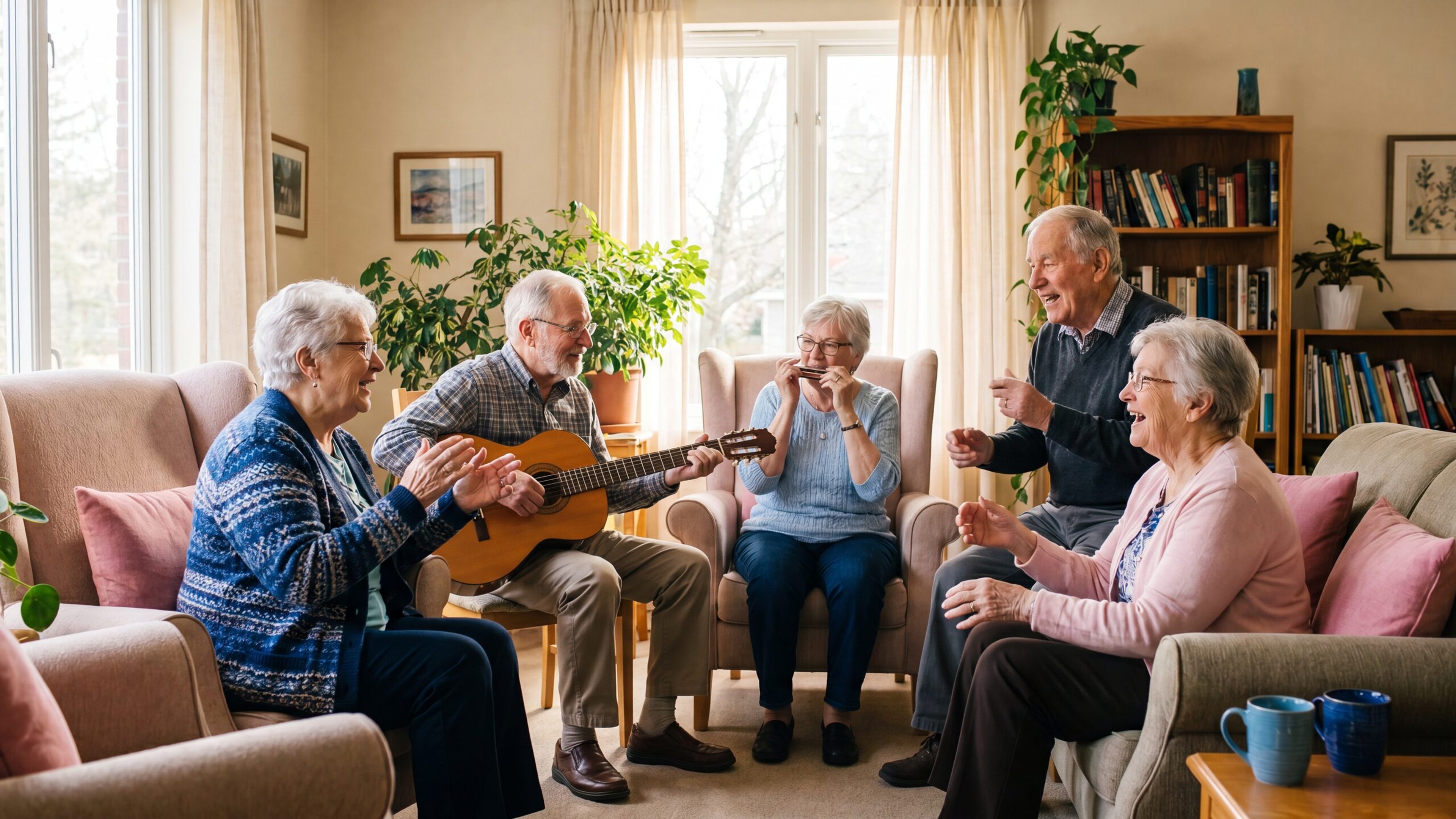 Bewohner musizieren gemeinsam, einer spielt Gitarre