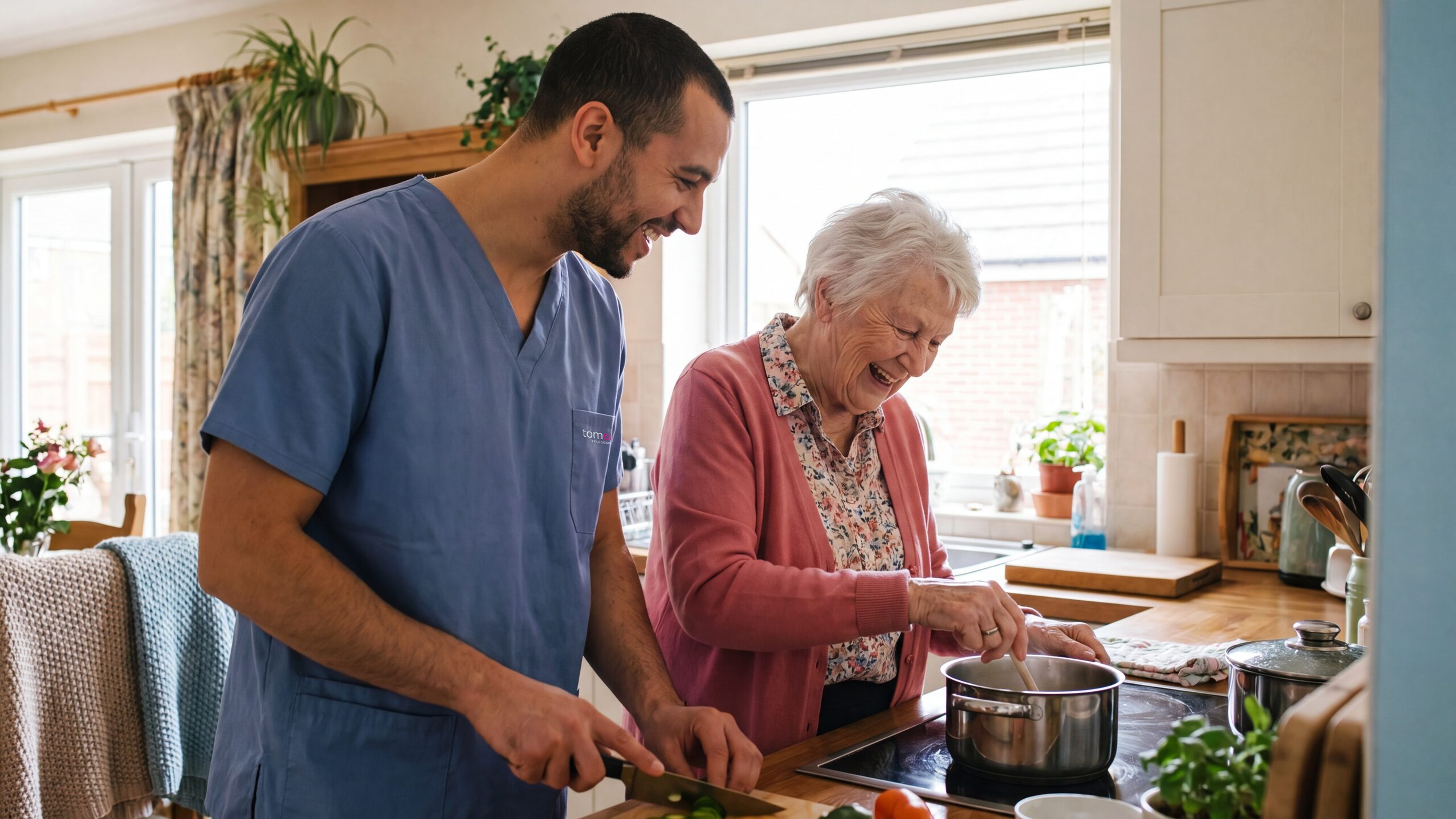 Pfleger kocht gemeinsam mit einer Seniorin in deren Kueche