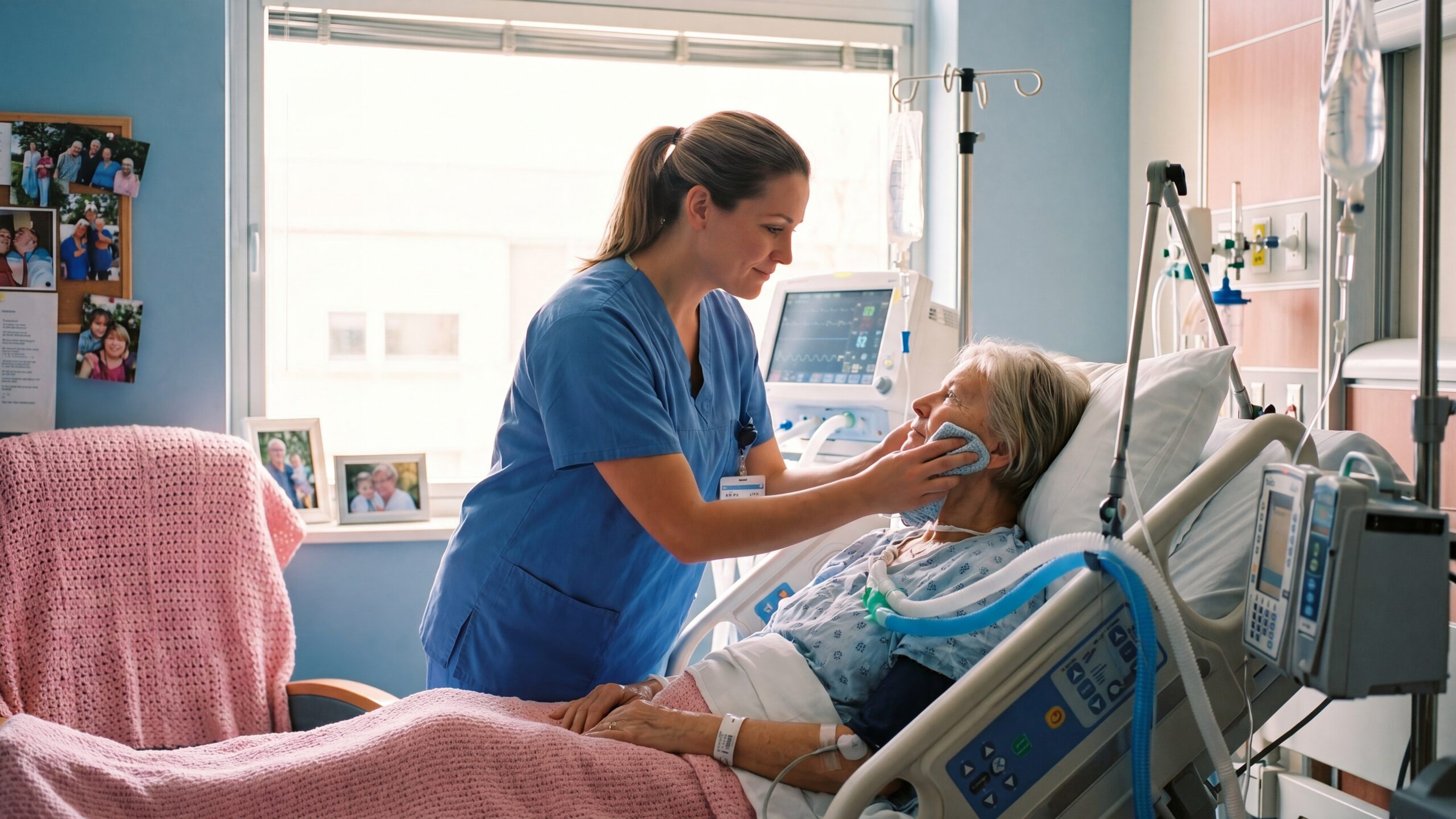 Pflegekraft richtet die Atemmaske einer Patientin