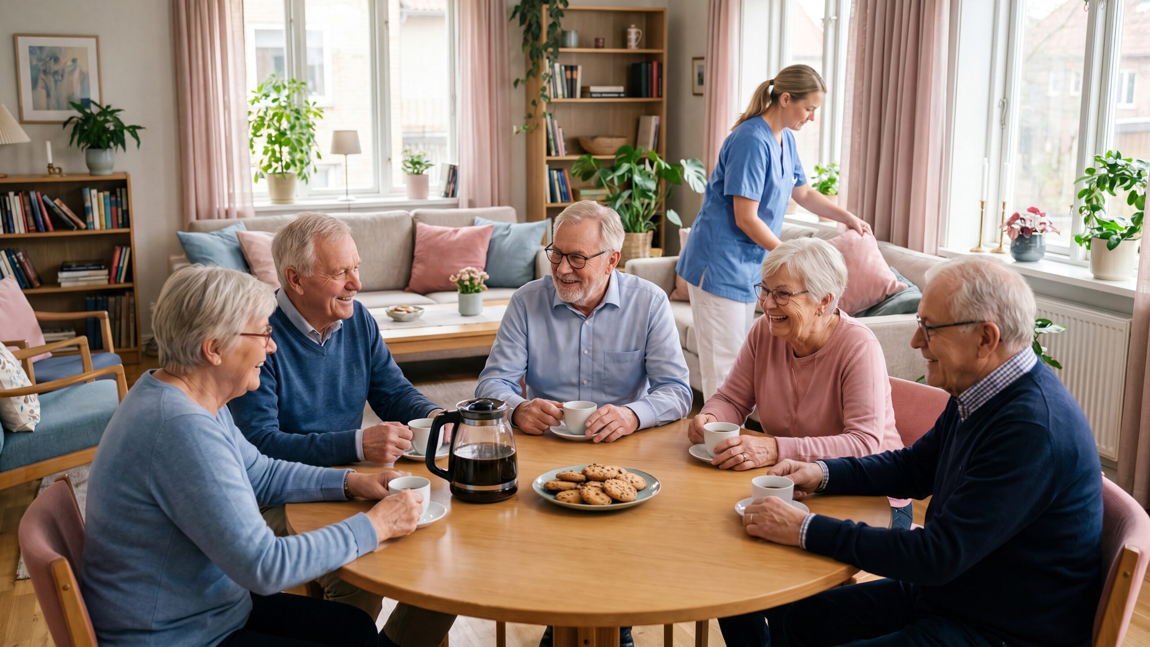 Bewohnerrunde am Kaffeetisch, eine Pflegekraft schenkt nach