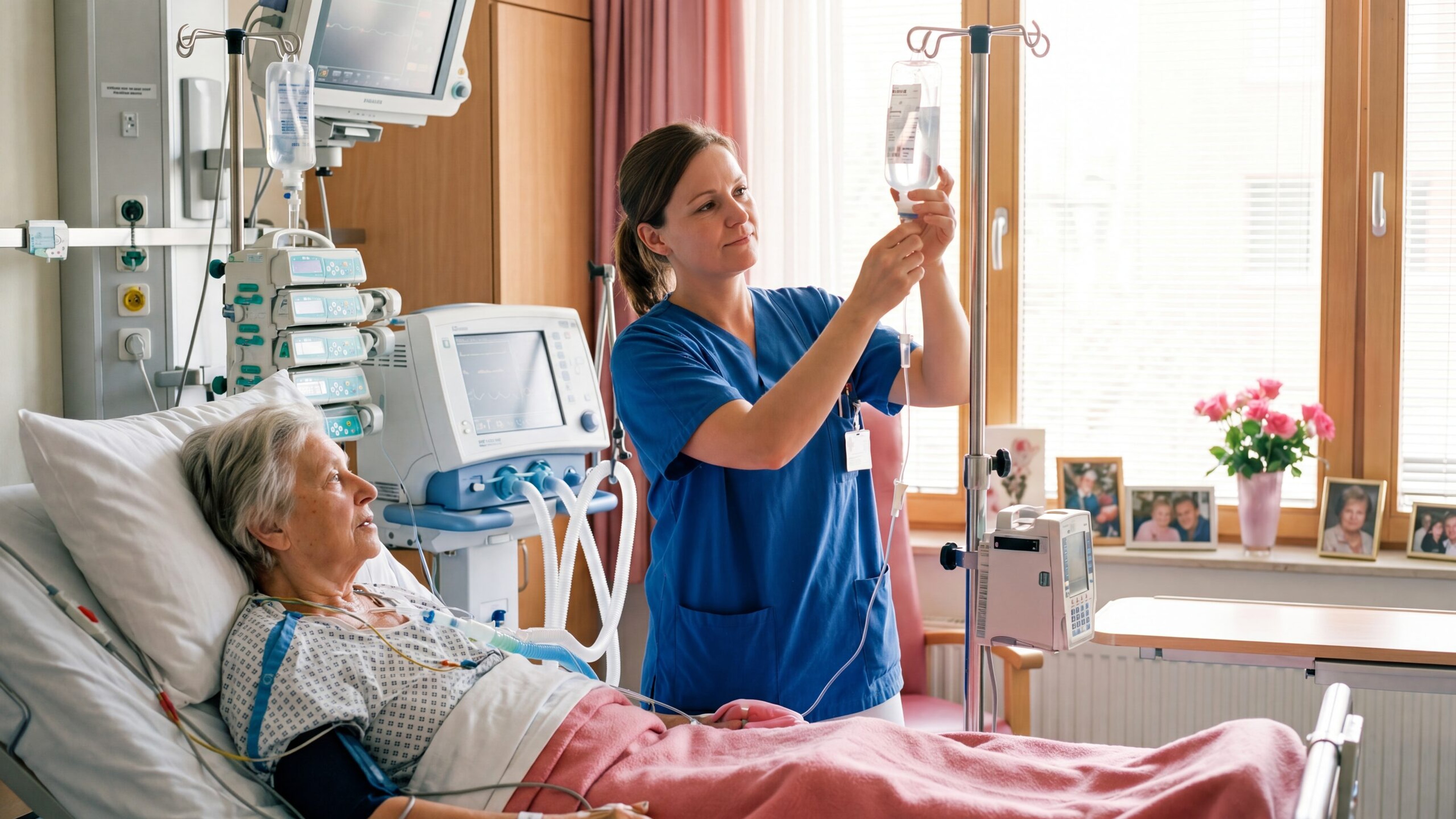 Pflegekraft haengt eine Infusion an den Staender