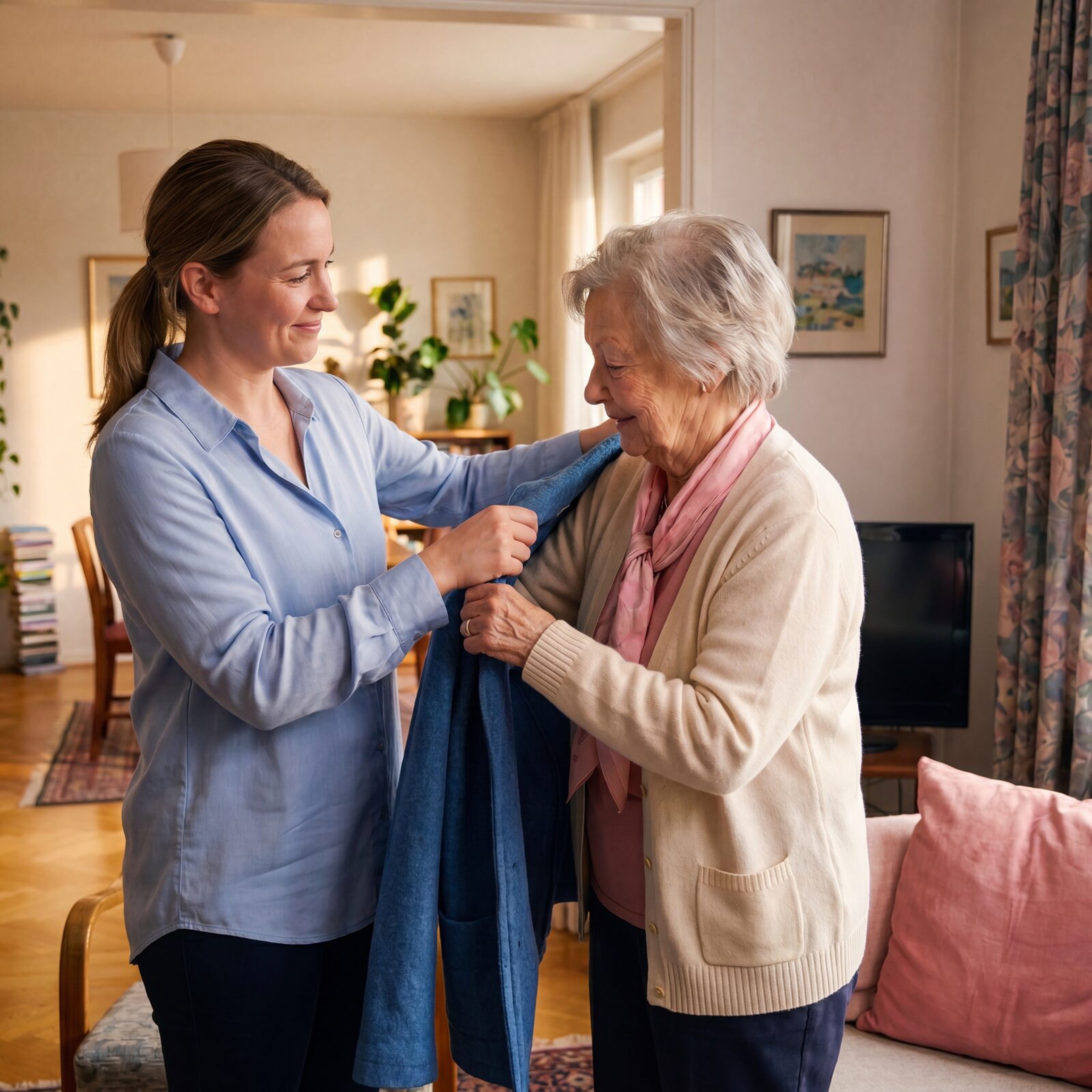 Pflegekraft hilft einer Seniorin in die Jacke