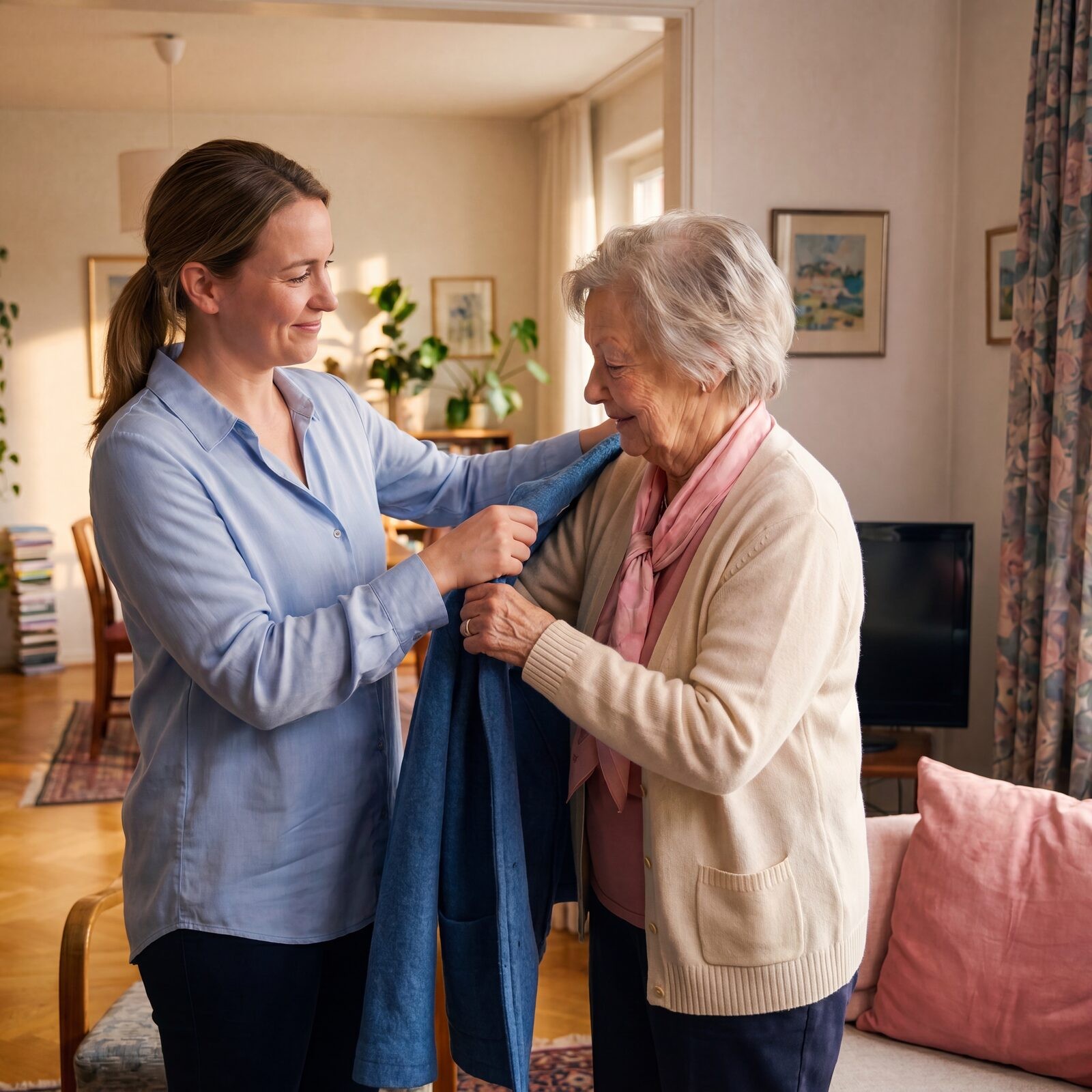 Pflegekraft hilft einer Seniorin in die Jacke