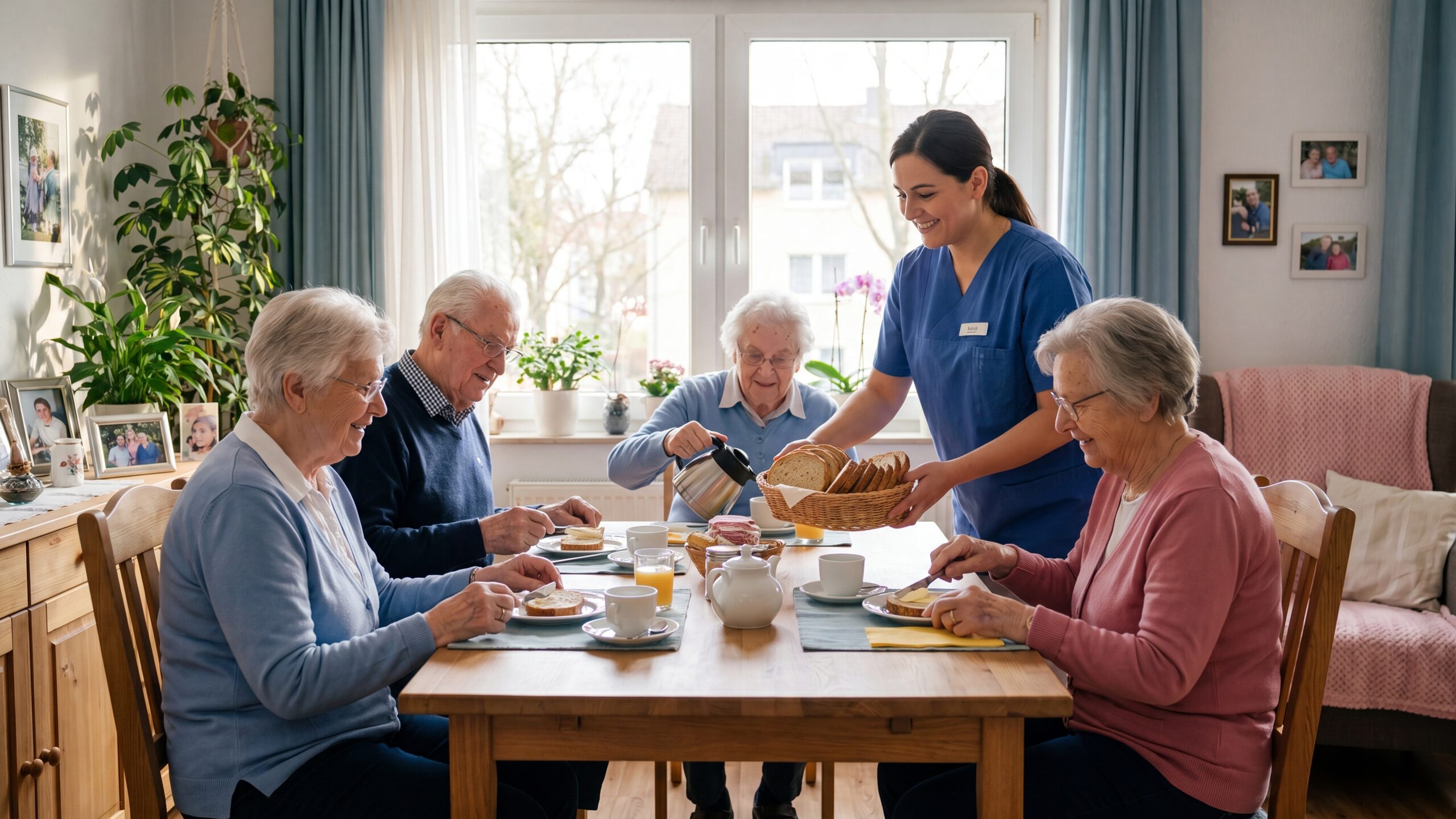Bewohner fruehstuecken gemeinsam, eine Pflegekraft reicht den Brotkorb