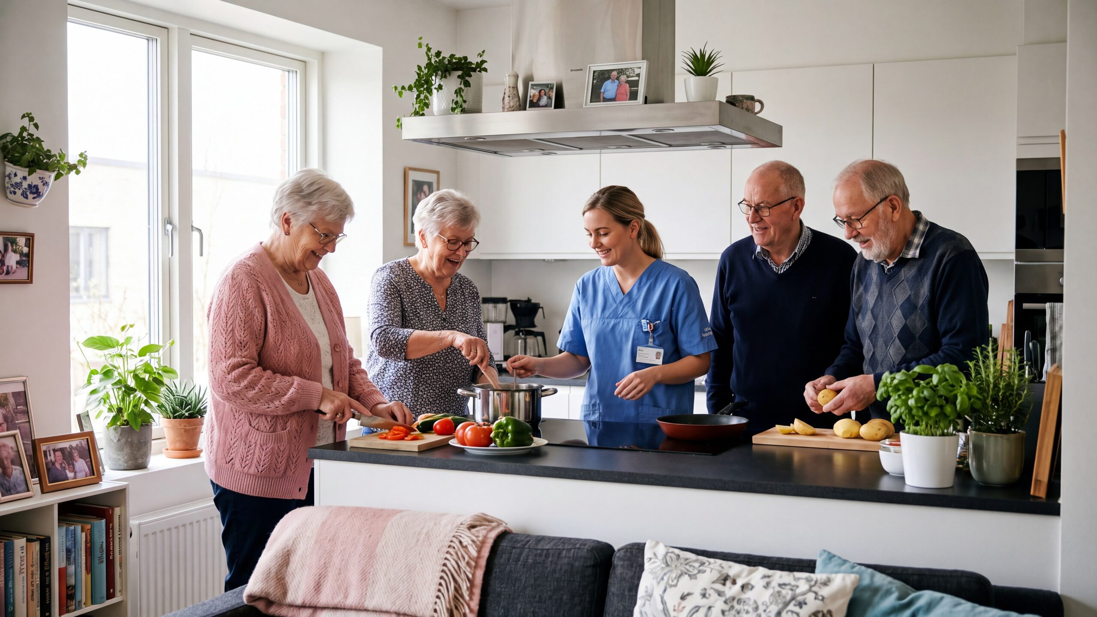 Bewohner kochen gemeinsam mit einer Pflegekraft in der offenen Kueche