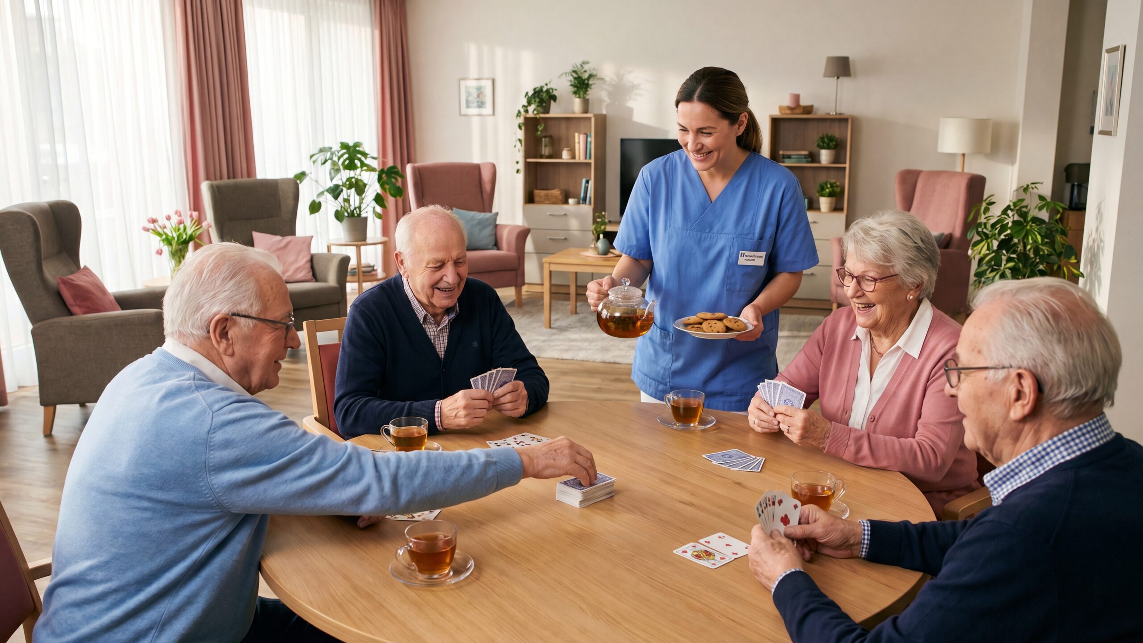Bewohner spielen Karten, eine Pflegekraft bringt Gebaeck