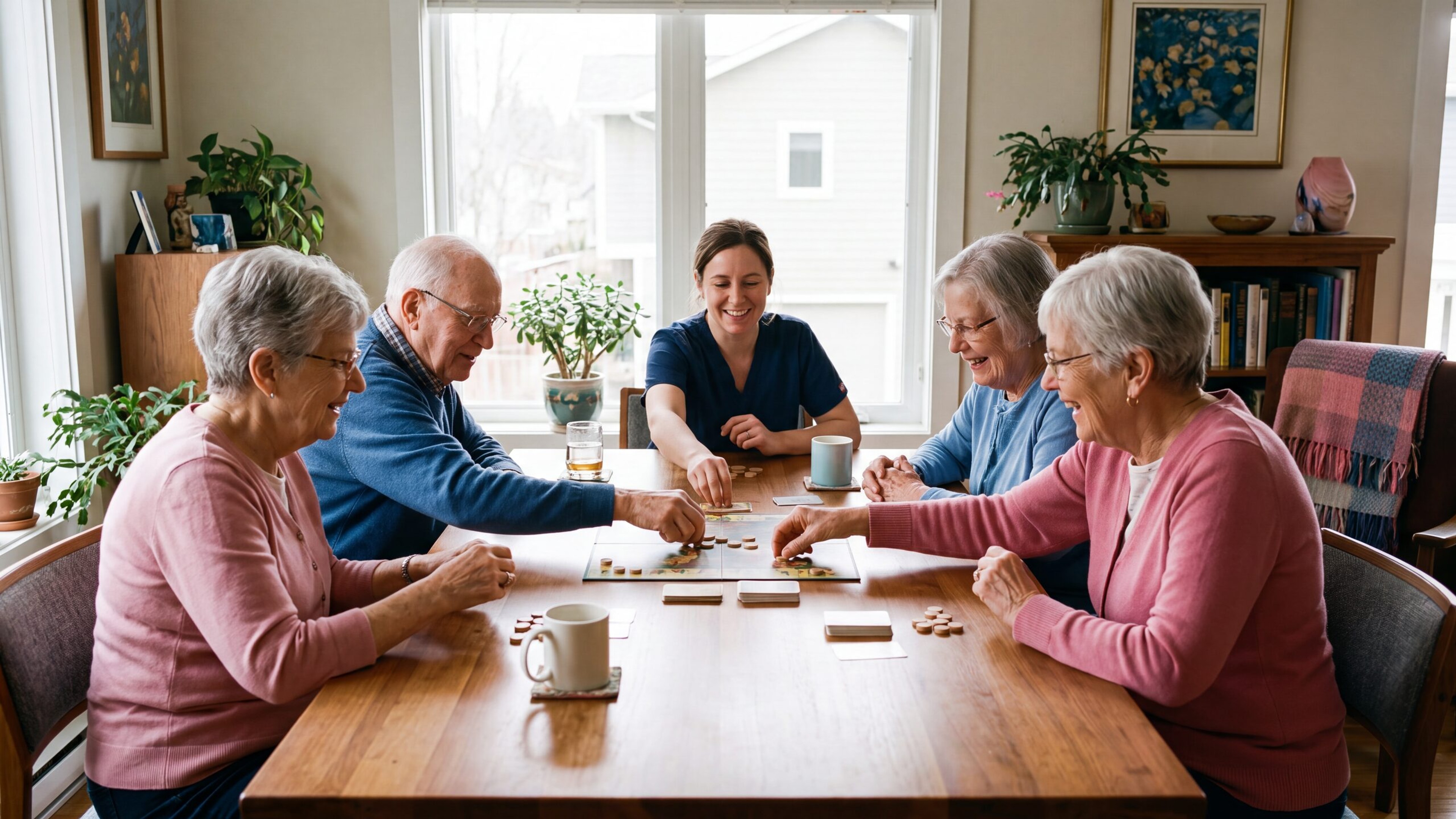 Bewohner spielen Domino am Tisch, eine Pflegekraft schaut zu
