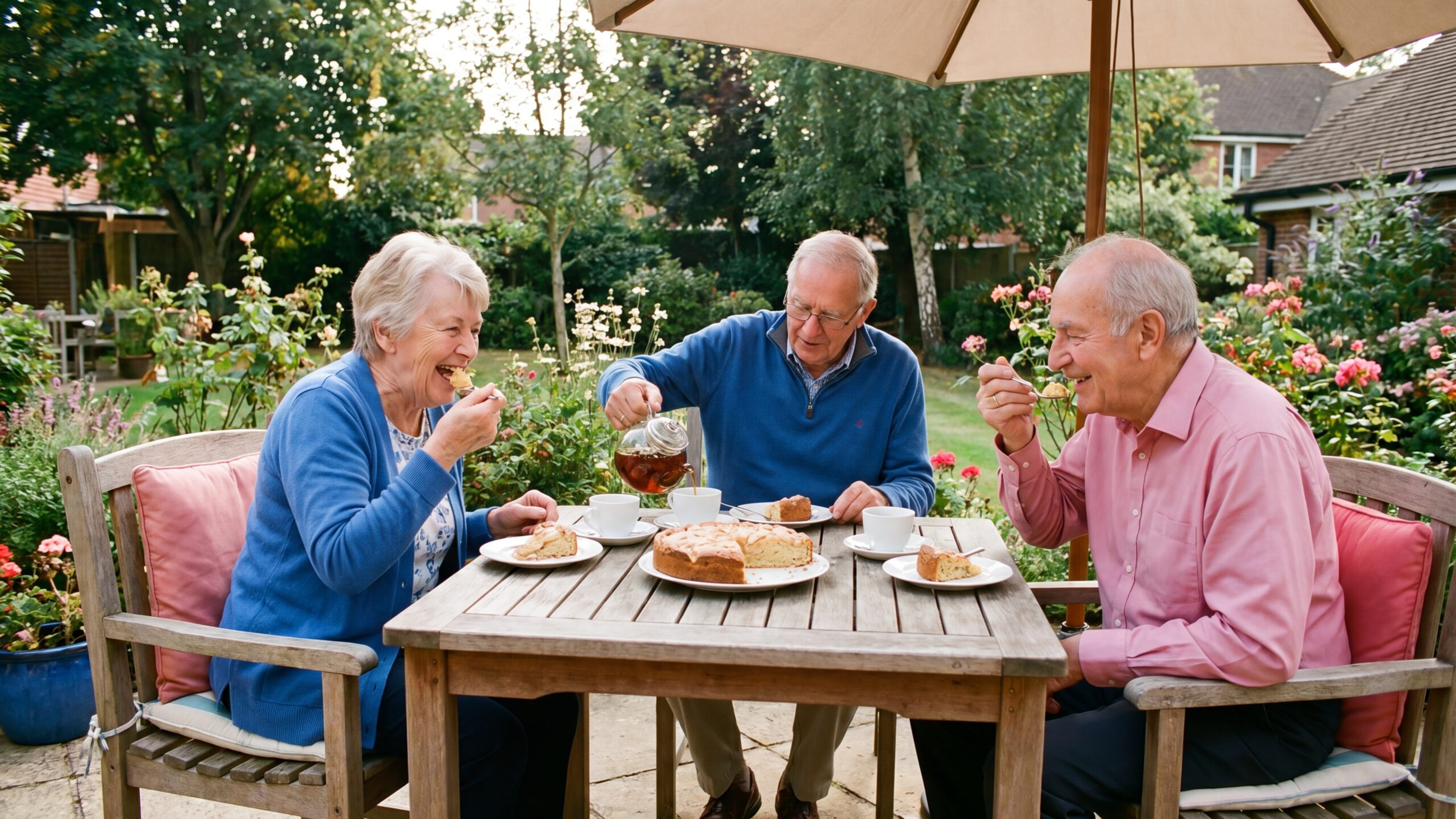 Bewohner sitzen bei Kaffee und Kuchen an einem Gartentisch