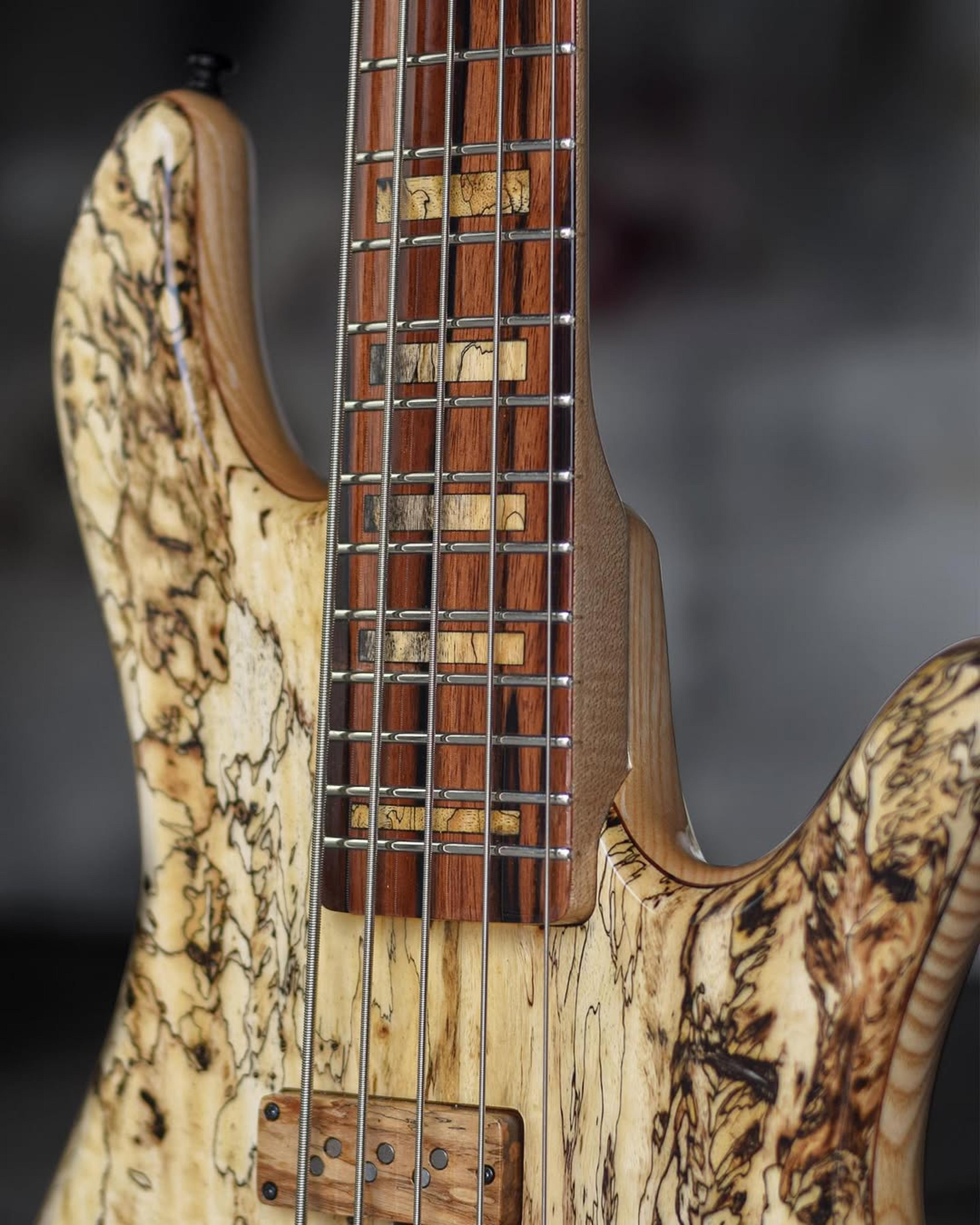 Front detail fretboard view of the ODIENG Corvette 5 string bass
