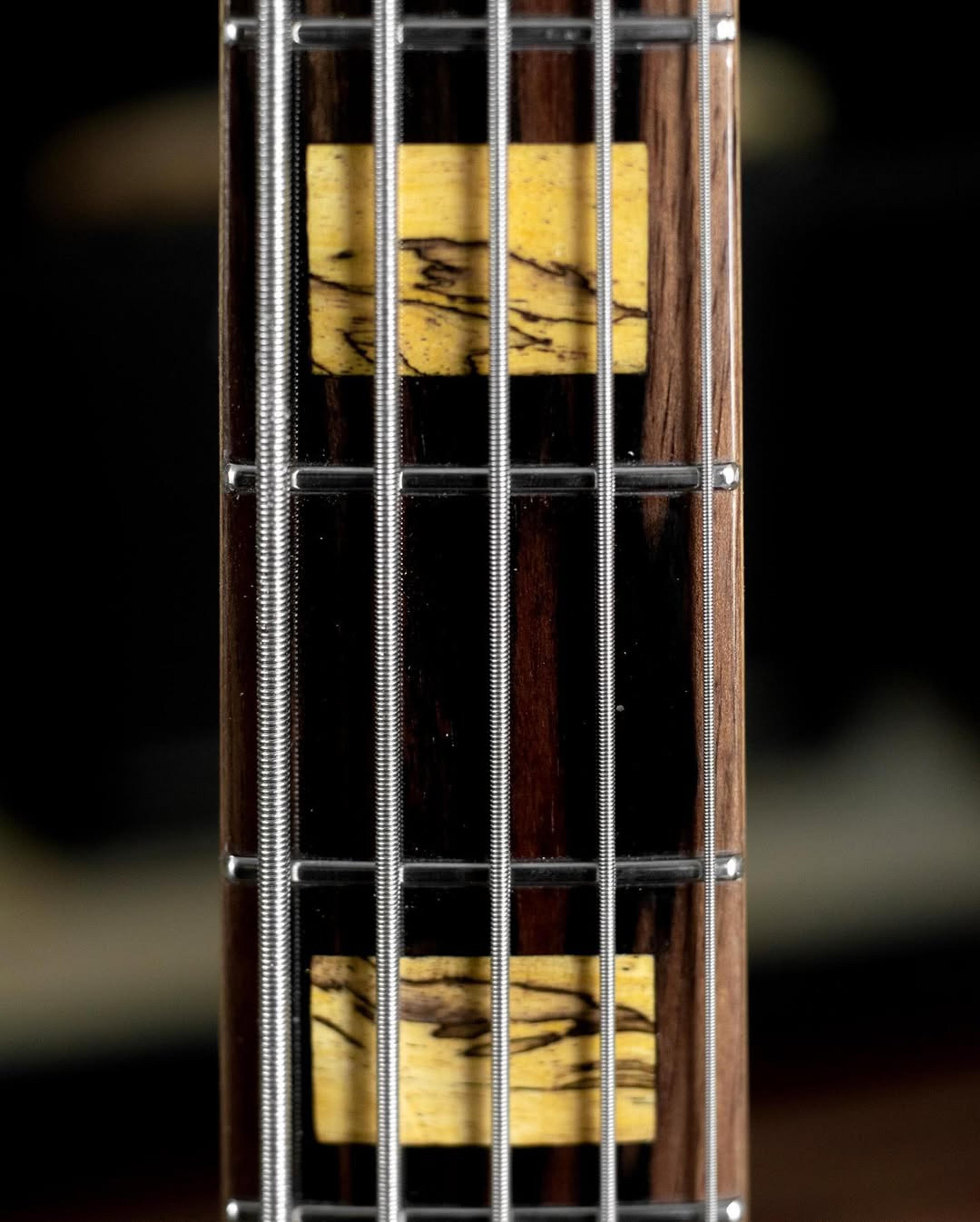 Front detail fretboard view of the ODIENG Corvette 5 string bass