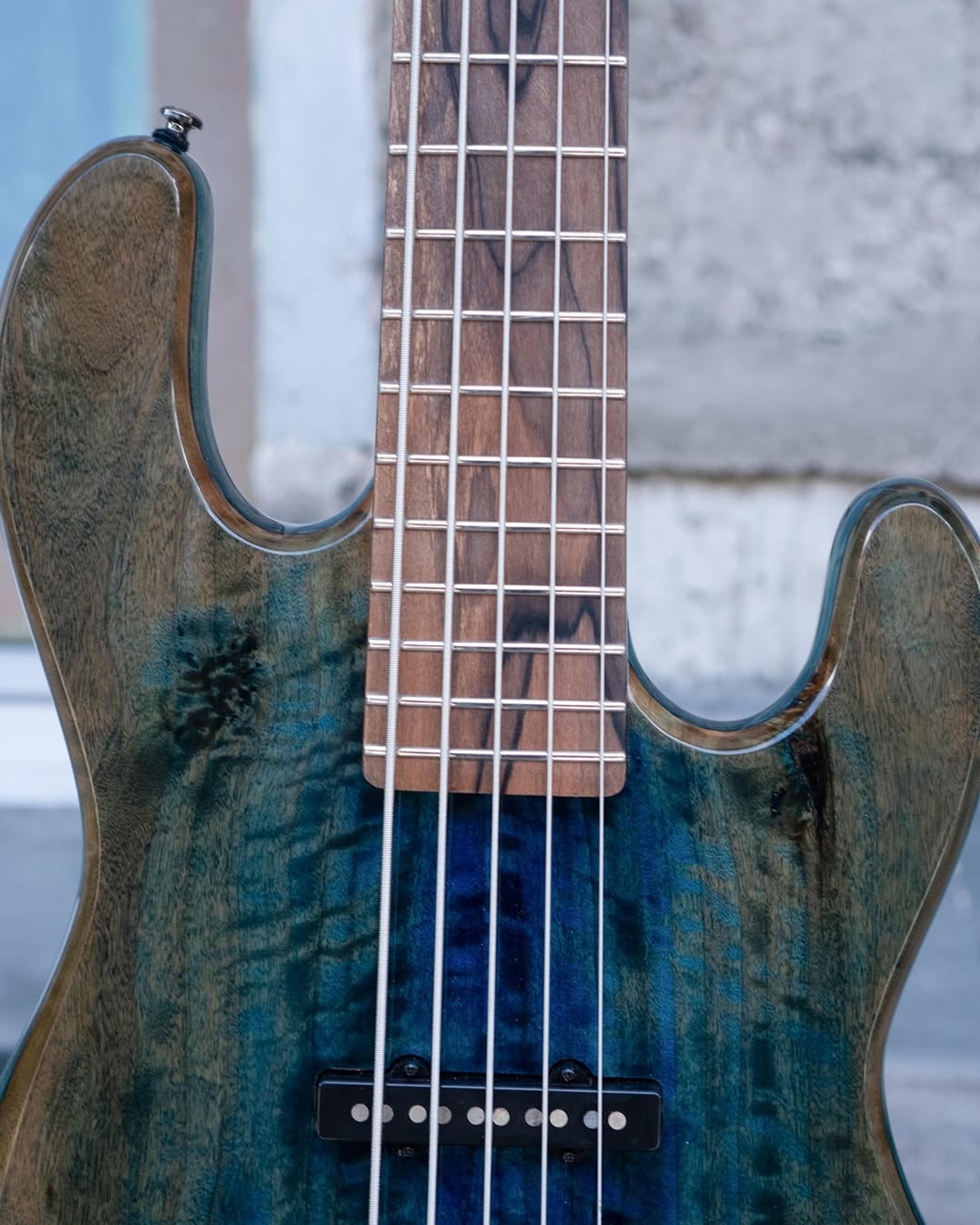 Front detail fretboard view of the EF KJ 5 string bass