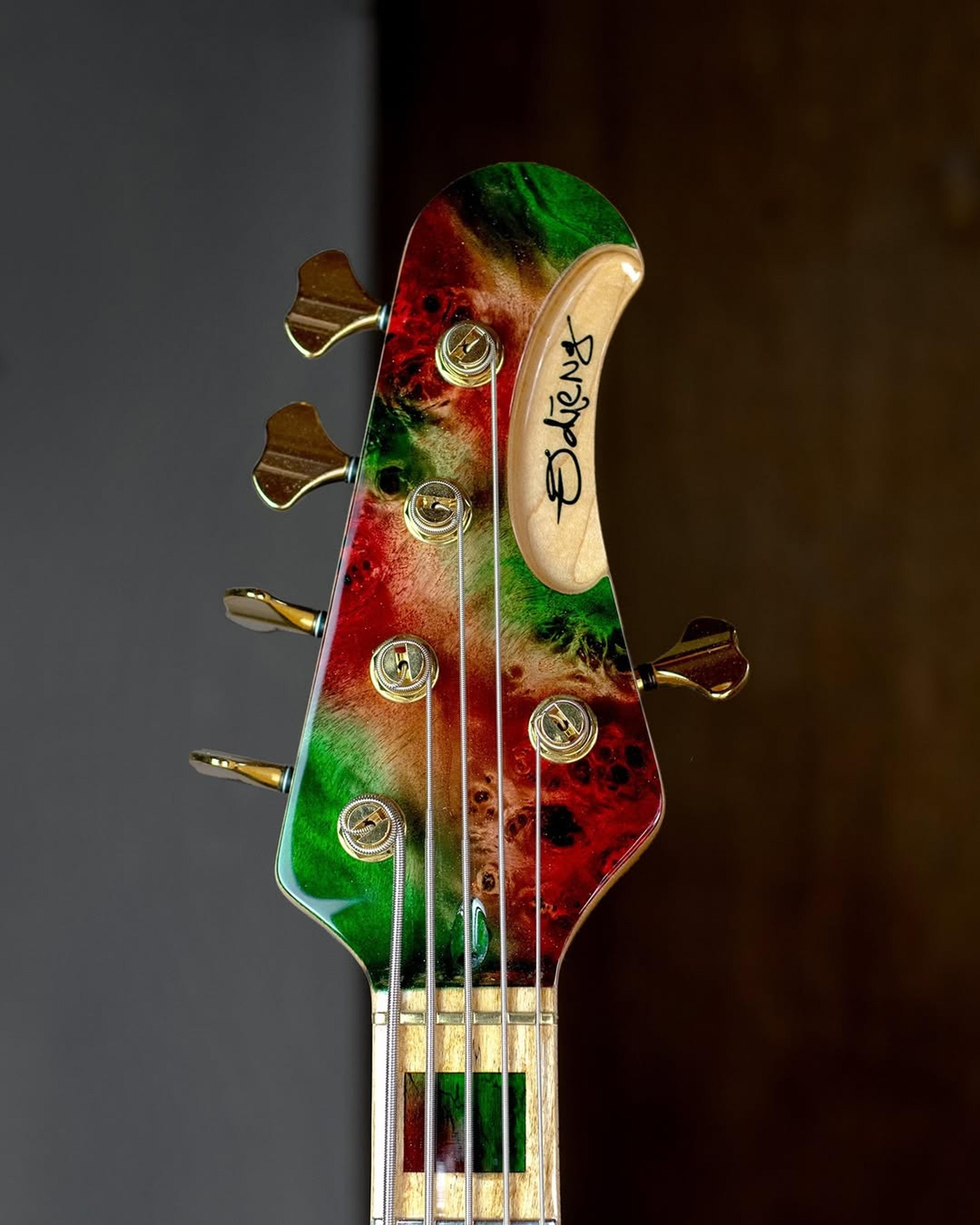 Front Headstock view of the ODIENG Viper 5 string bass