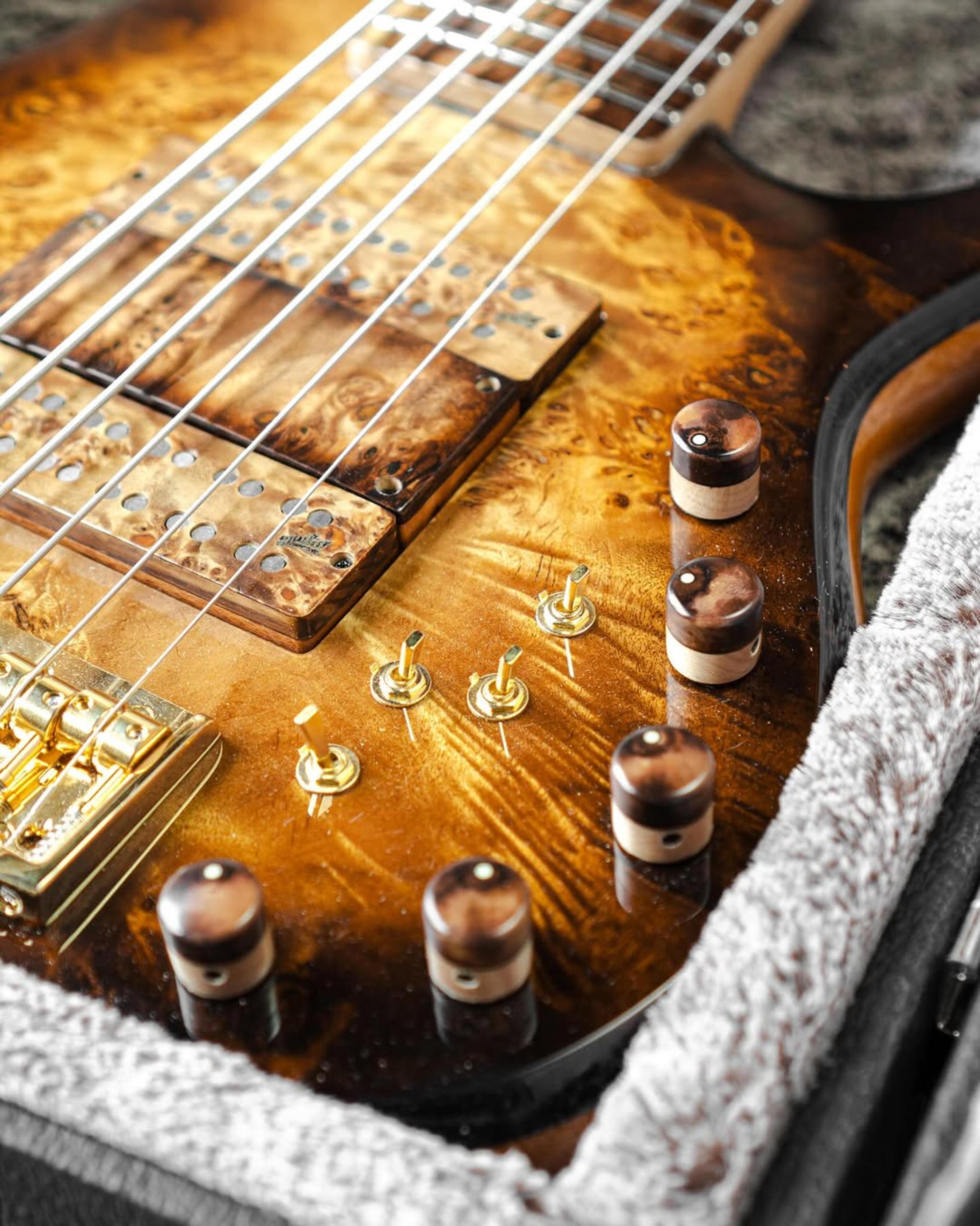 Front detail view of the ODIENG Nebula 6 string bass