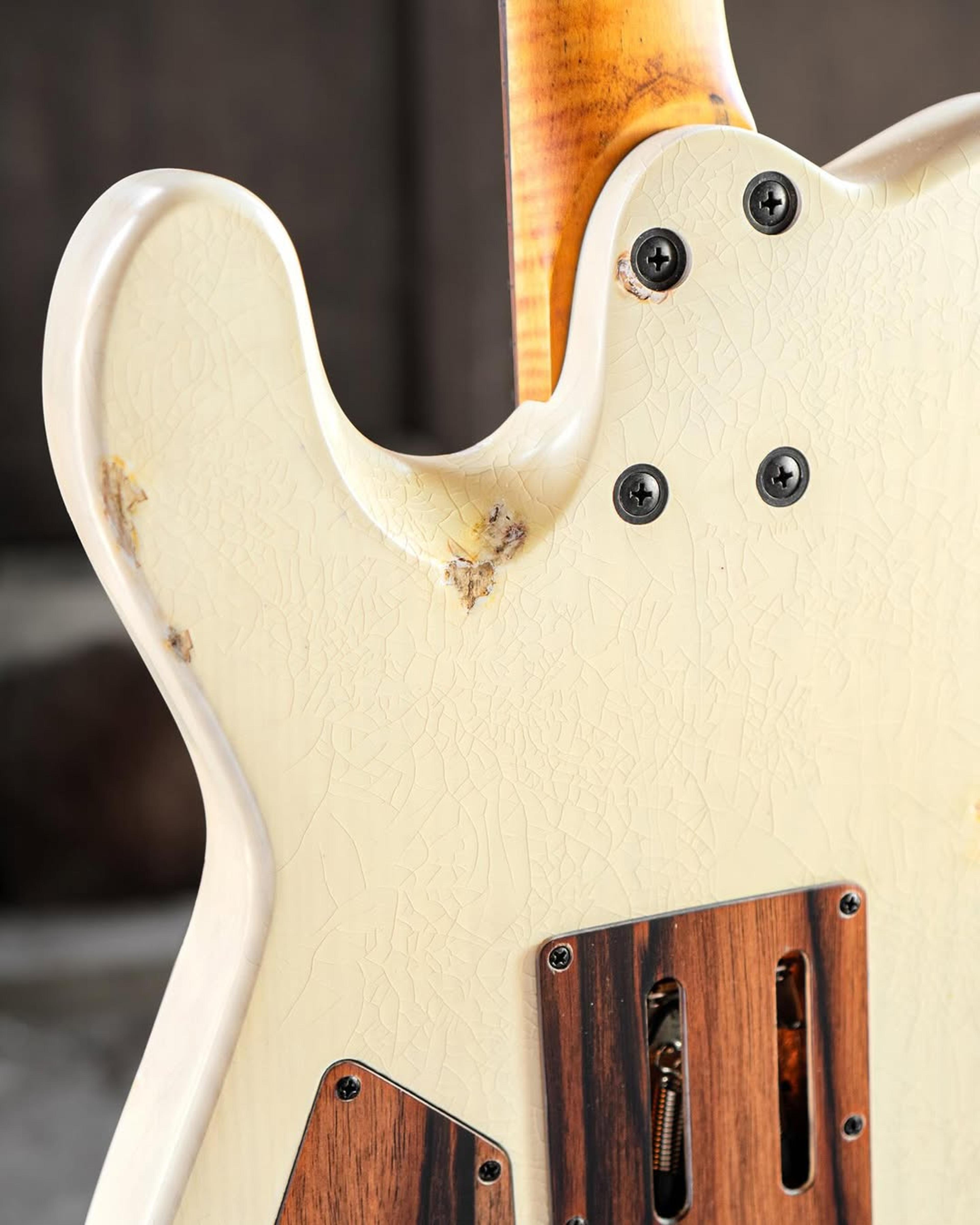 Back detail view of the ODIENG Parama Guitar Aged Cream Relic 6 string Guitar