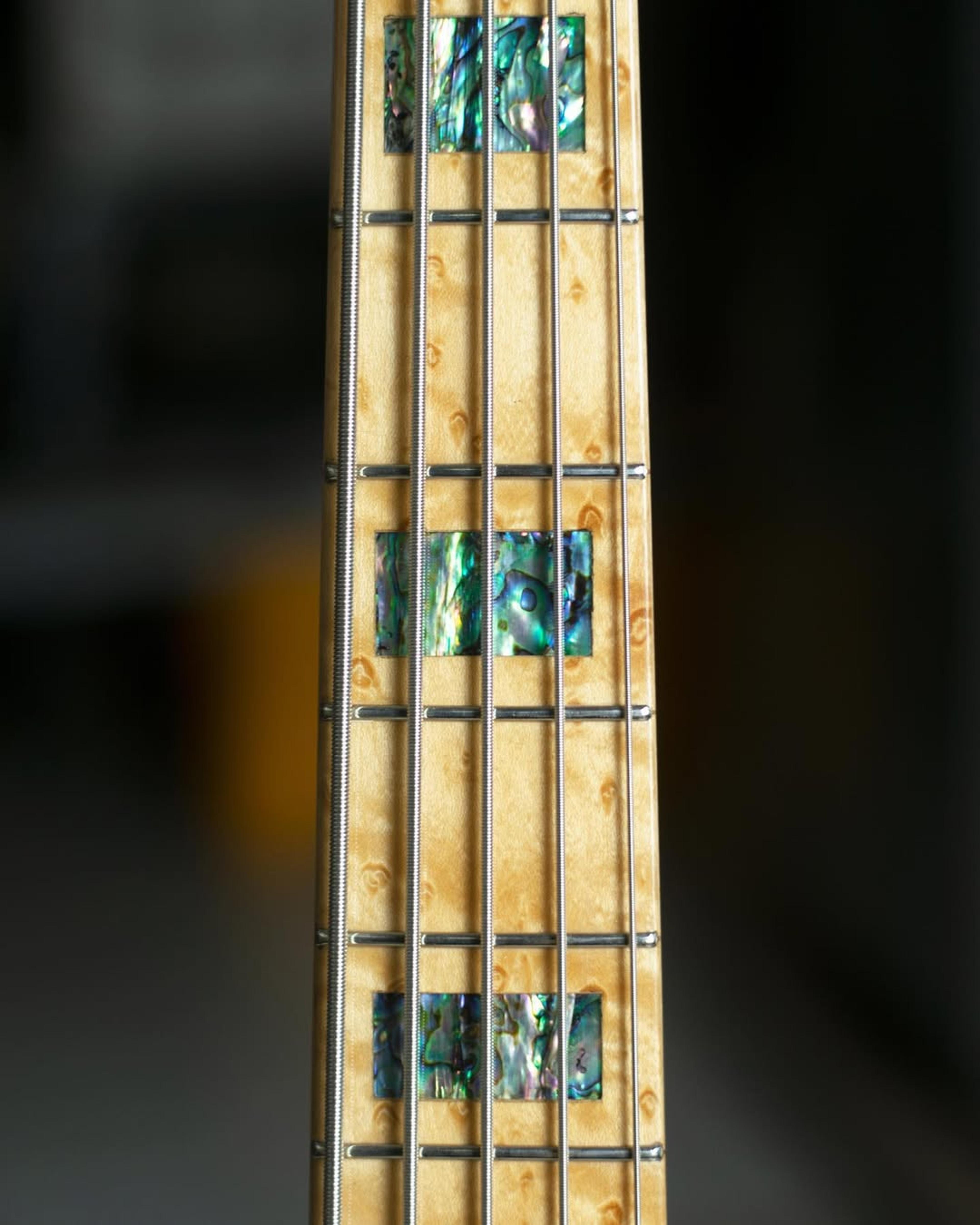 Front detail fretboard view of the ODIENG Nebula 5 string bass