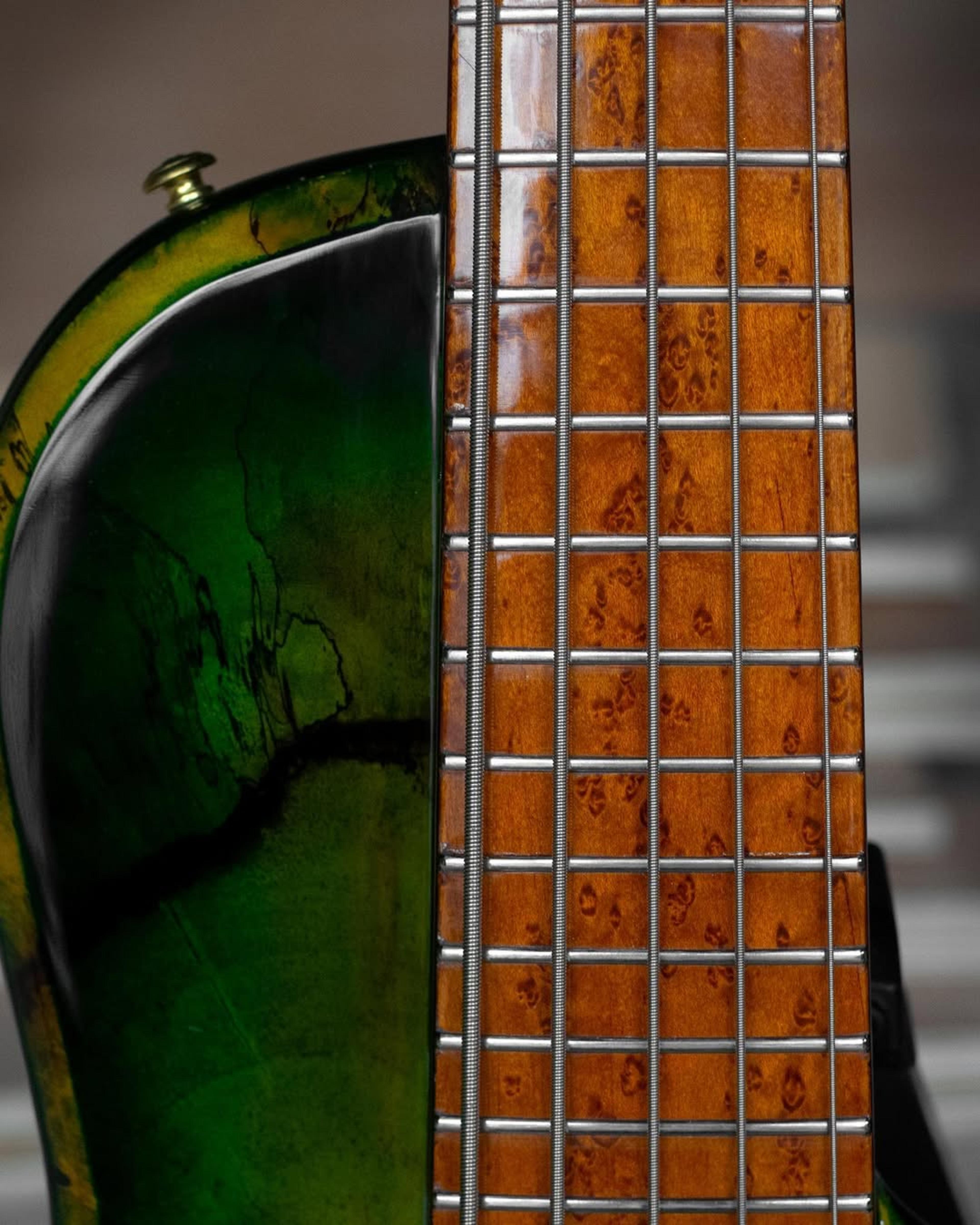 Front detail fretboard view of the ODIENG Nebula 5 string bass