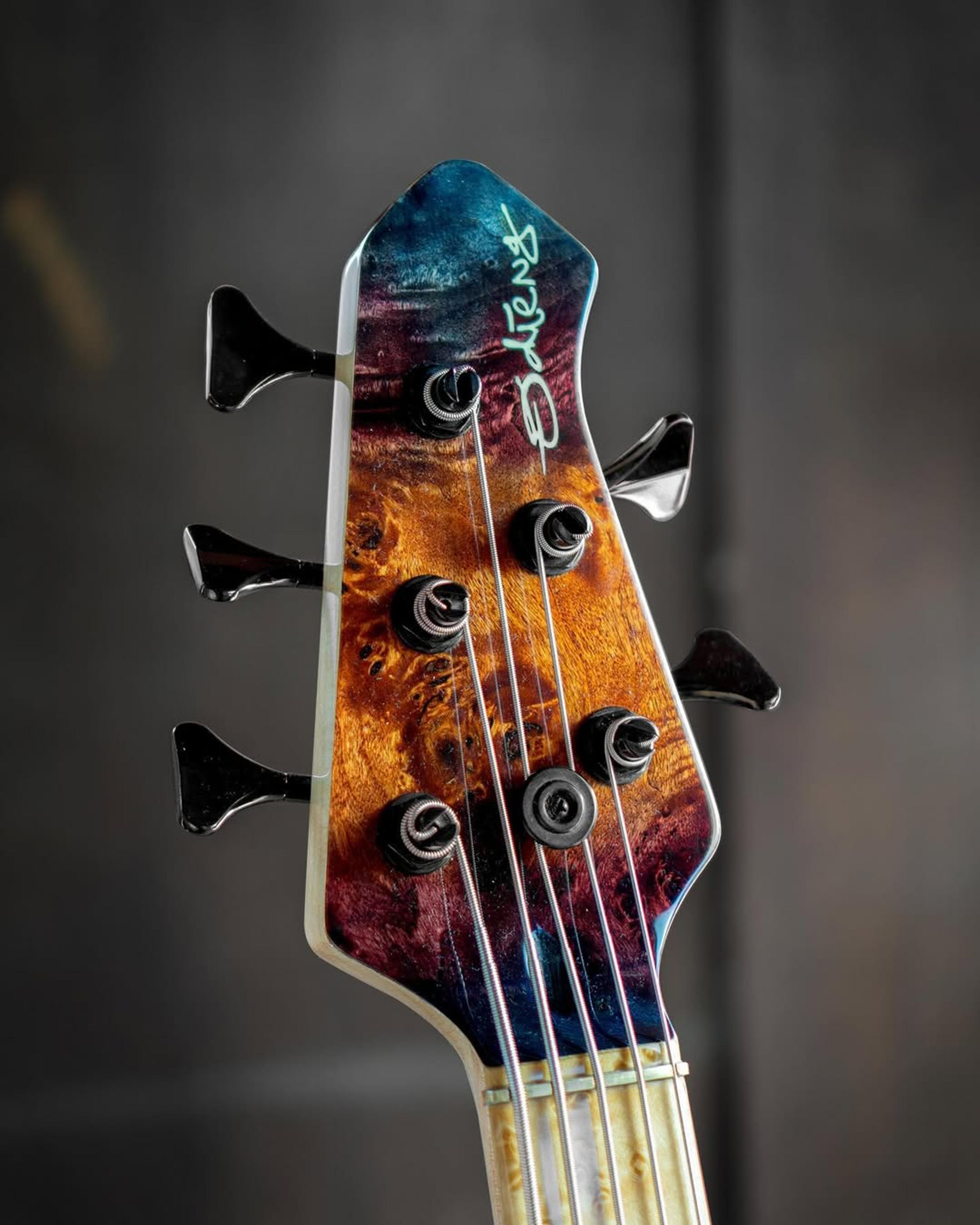 Front Headstock view of the ODIENG Nebula 5 string bass