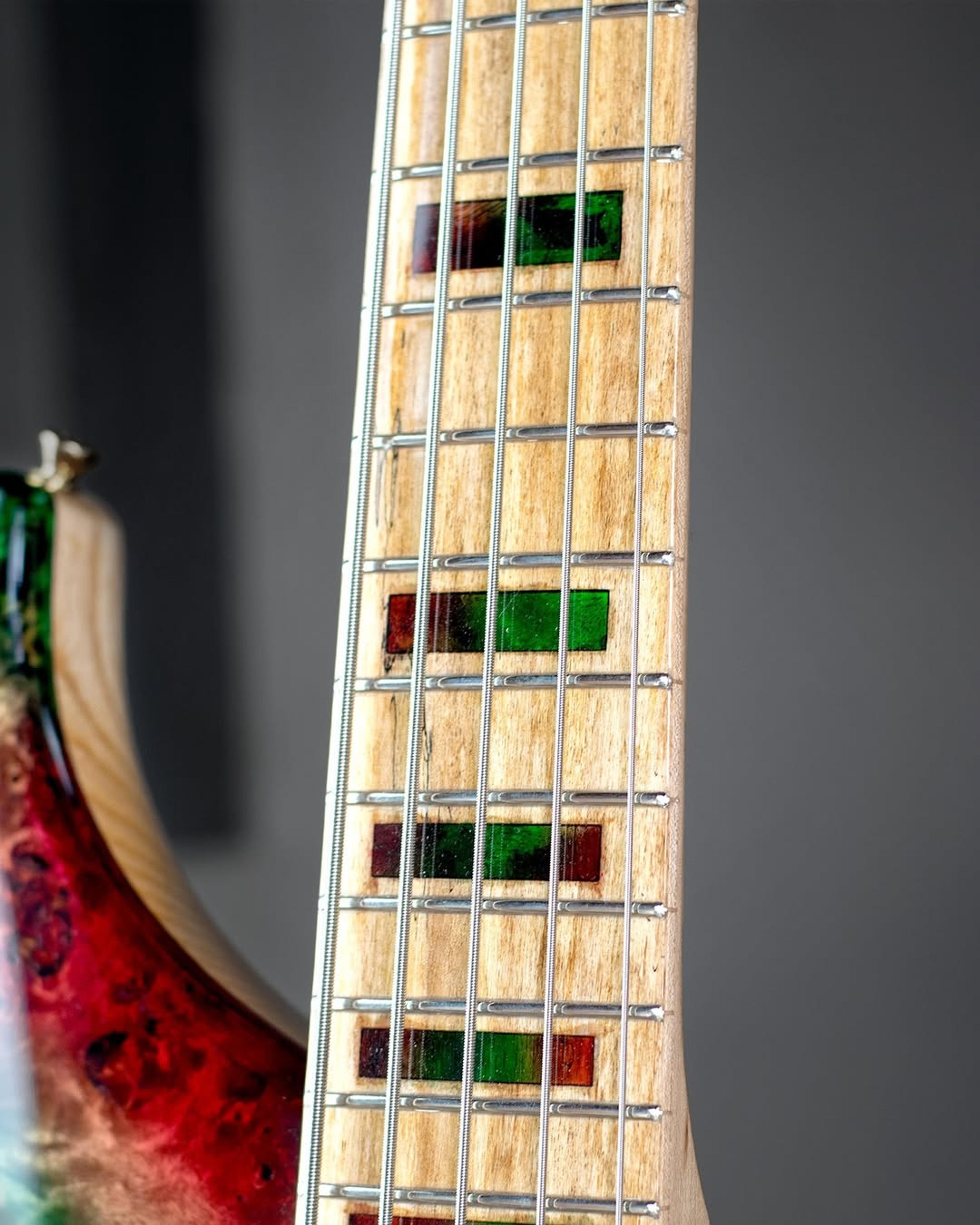 Front detail fretboard view of the ODIENG Viper 5 string bass