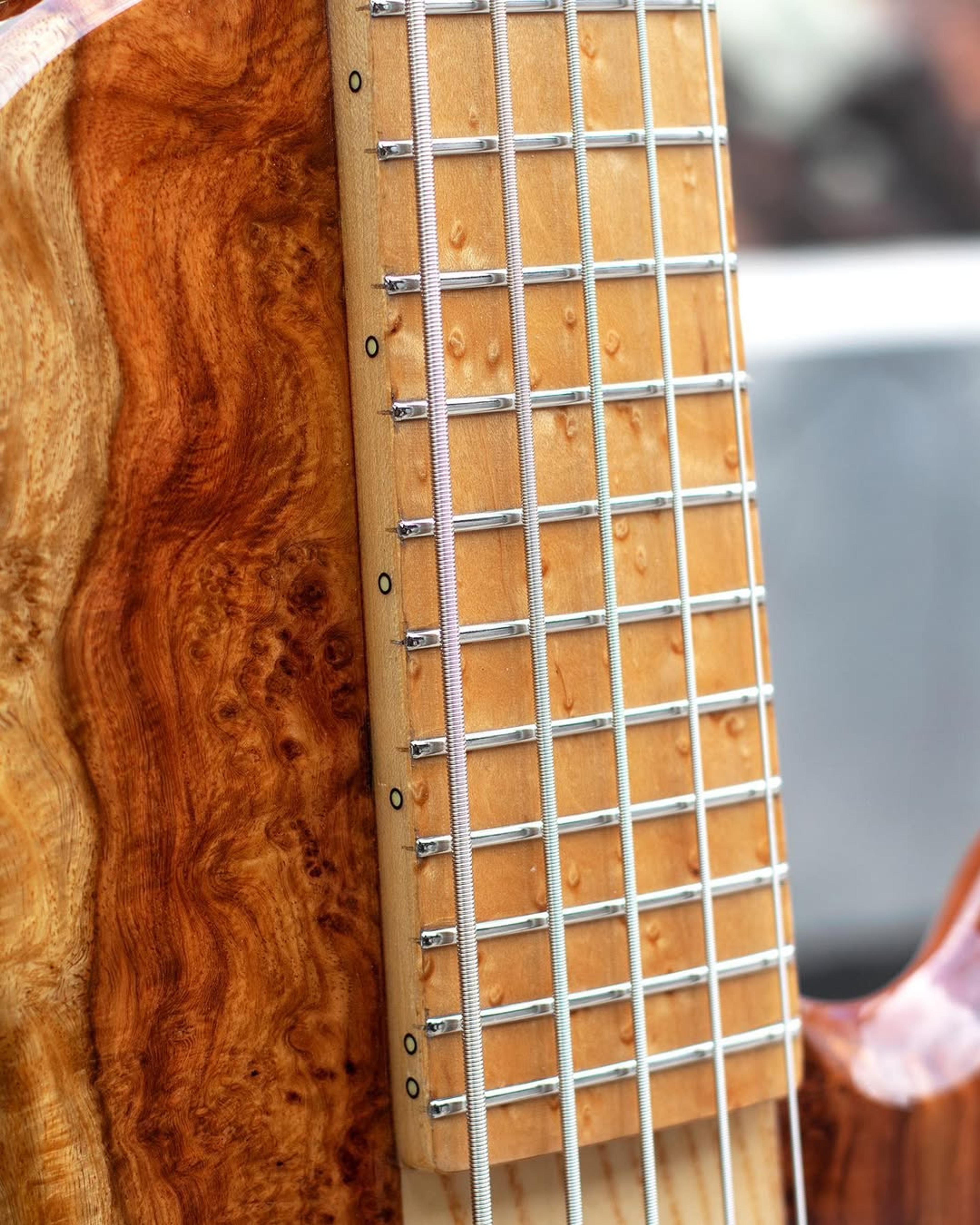 Front detail fretboard view of the ODIENG Nebula 5 string bass