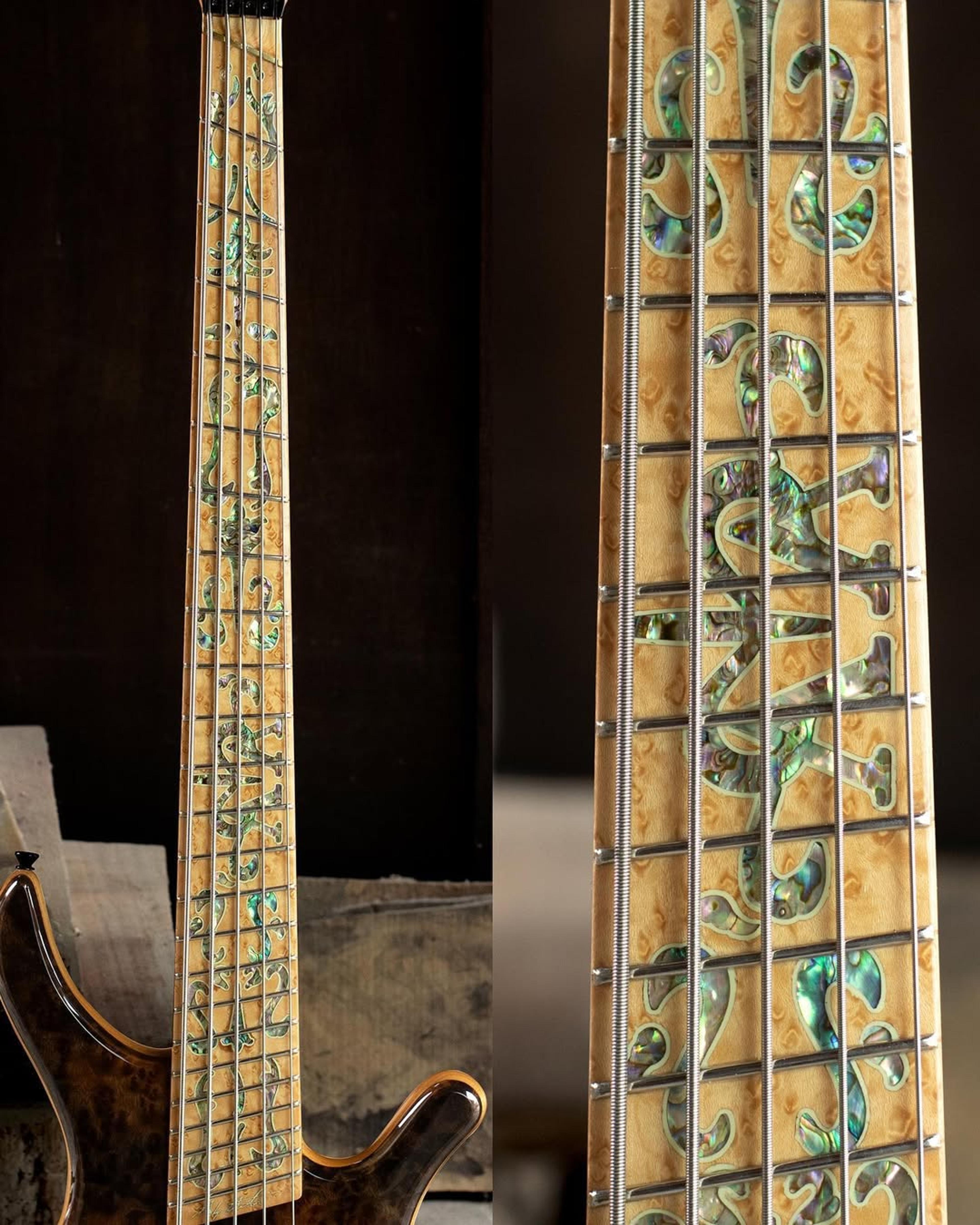 Front detail fretboard view of the ODIENG Orfeo Headless 5 string bass