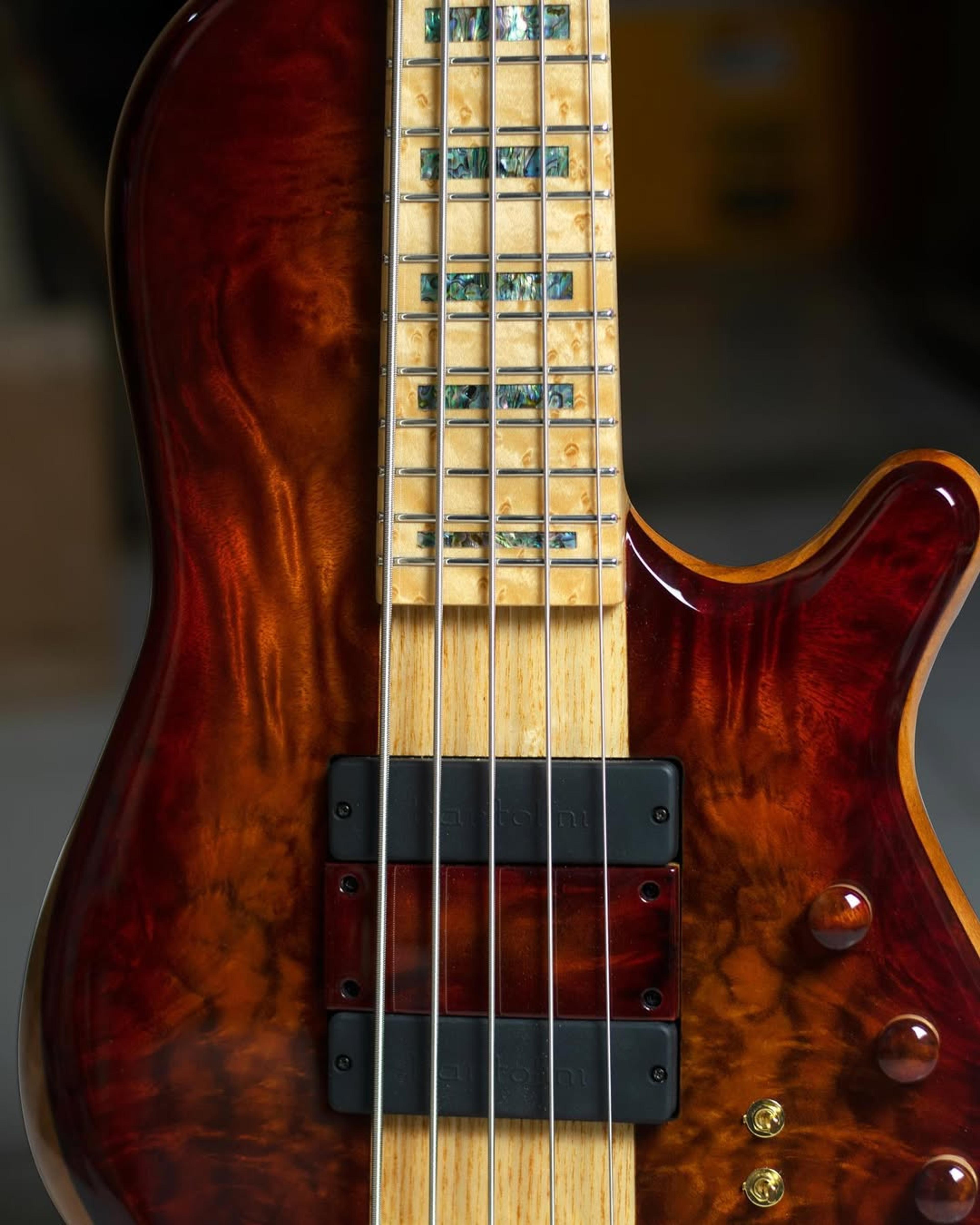 Front detail view of the ODIENG Nebula 5 string bass