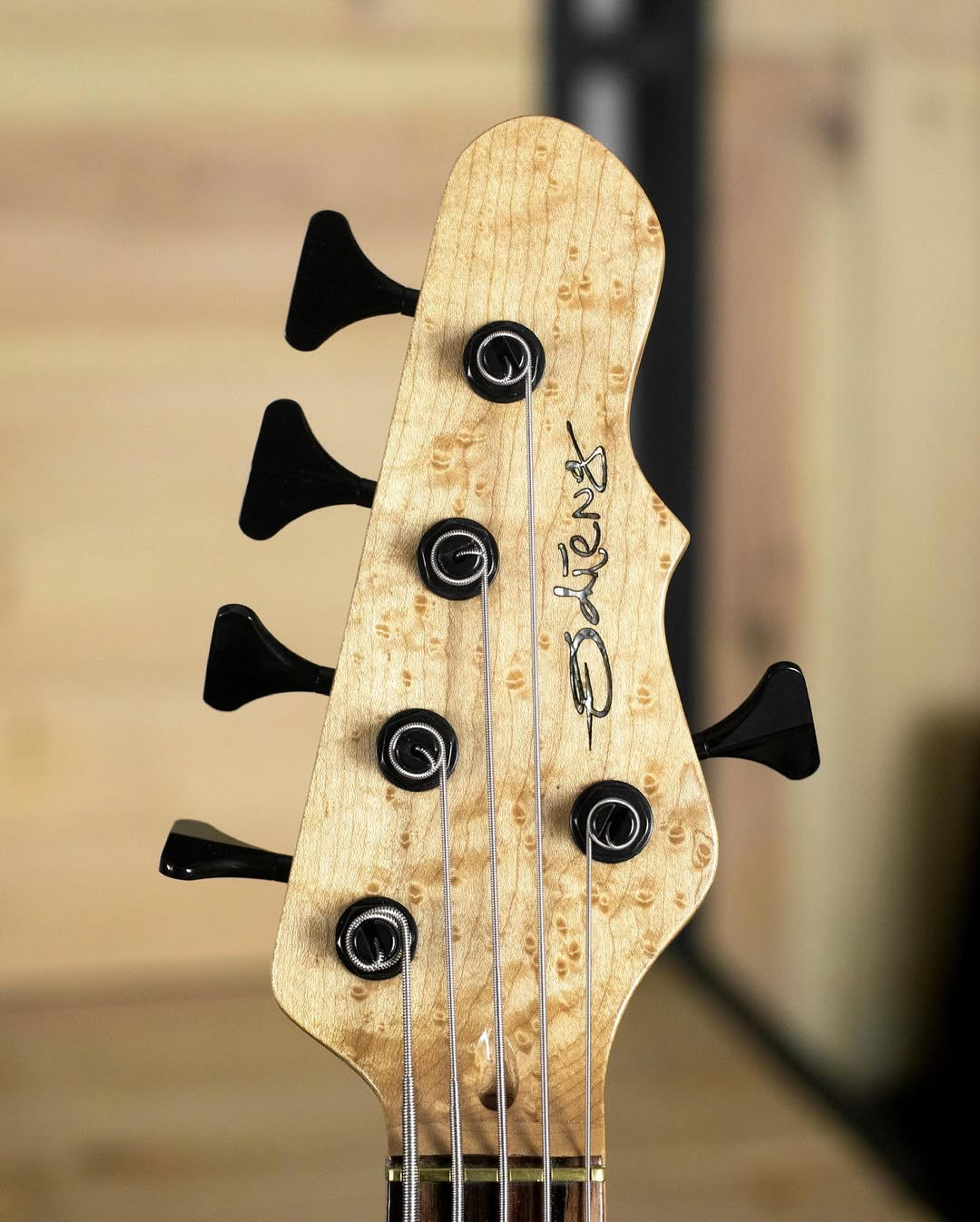 Front Headstock view of the ODIENG Corvette 5 string bass