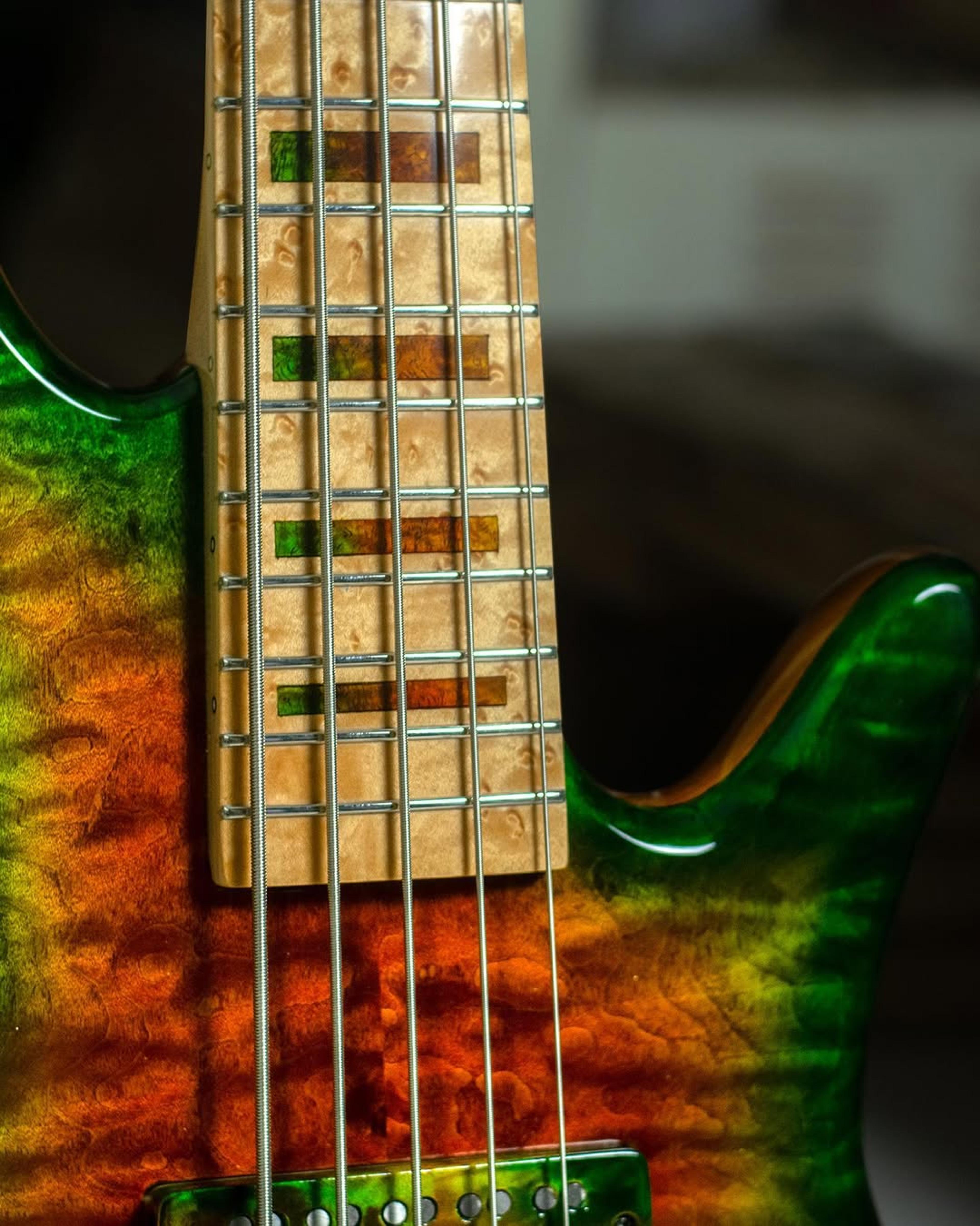 Front detail fretboard view of the ODIENG INZ 5 string bass