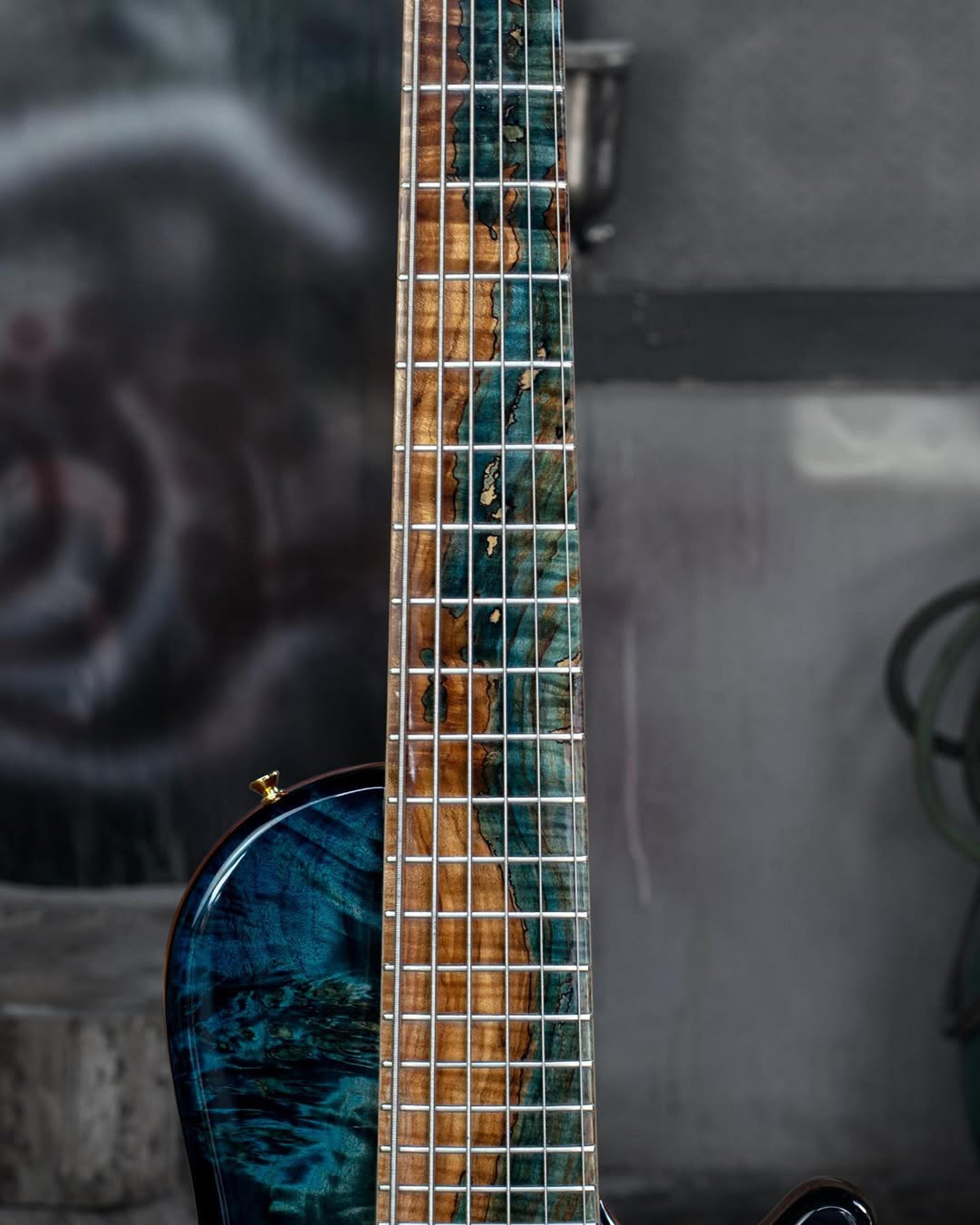 Front detail Fretboard view of the ODIENG Nebula 6 string bass