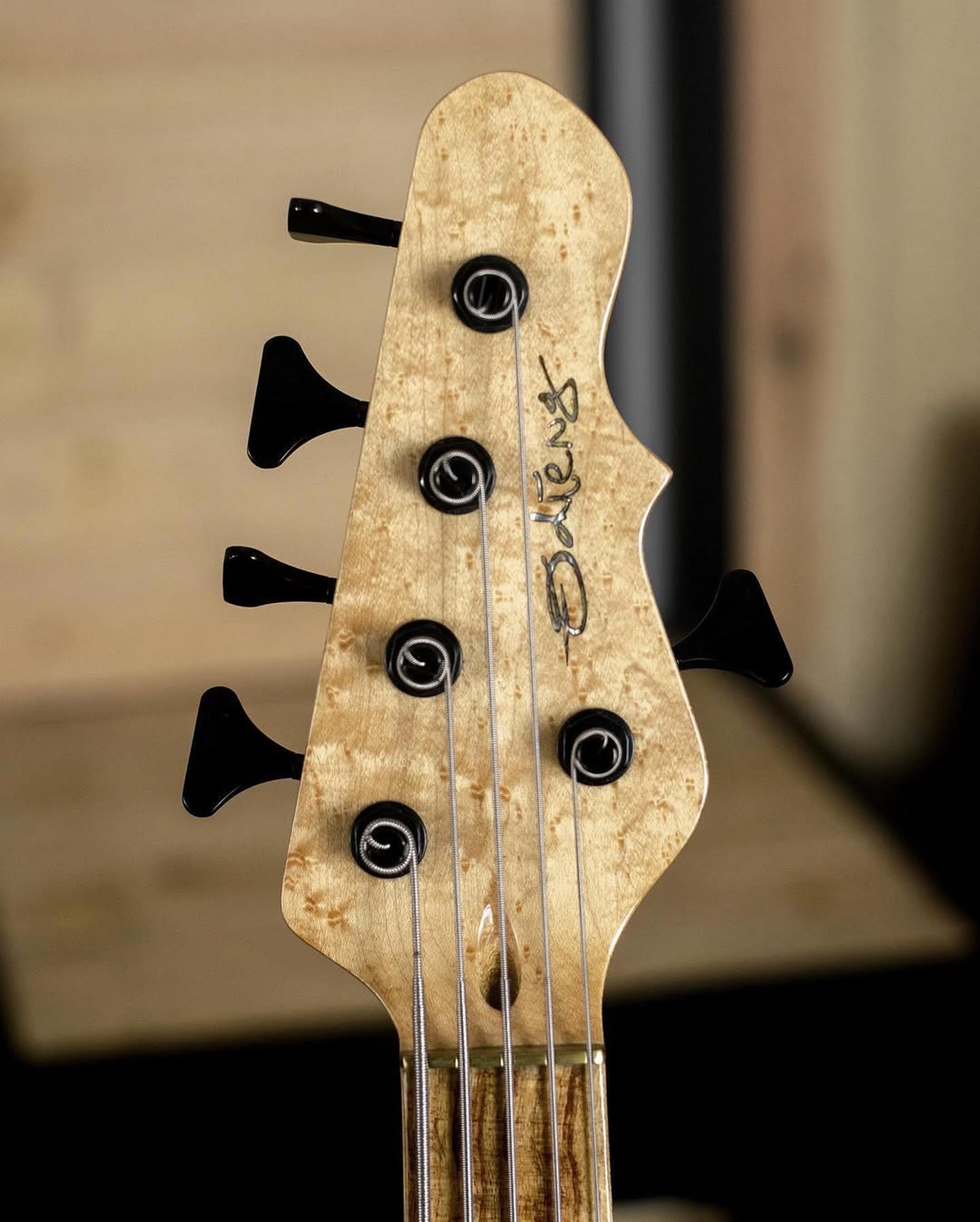 Front Headstock view of the ODIENG Corvette 5 string bass
