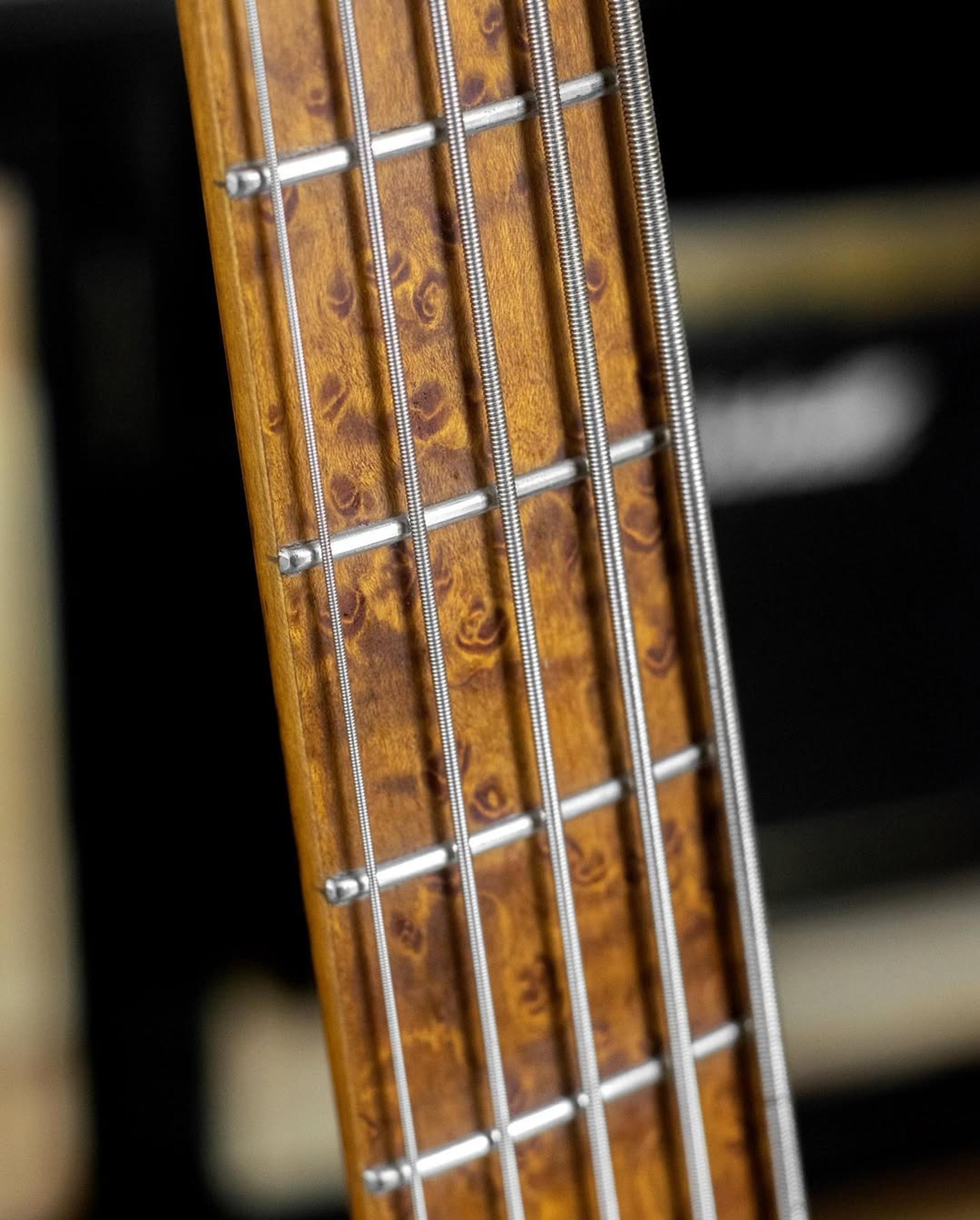 Front detail fretboard view of the ODIENG Corvette 5 string bass