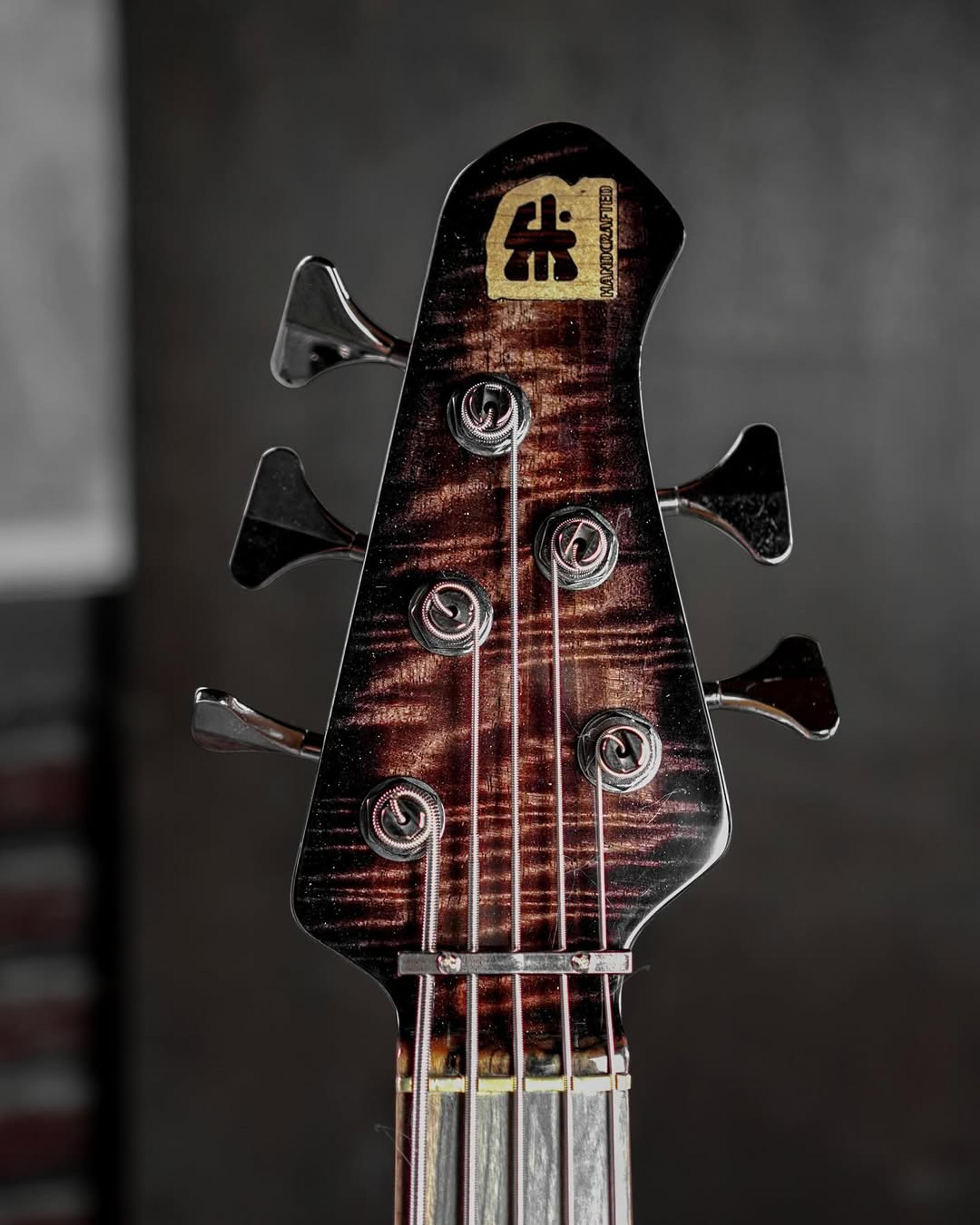 Front Headstock view of the EF Morbid 5 string bass