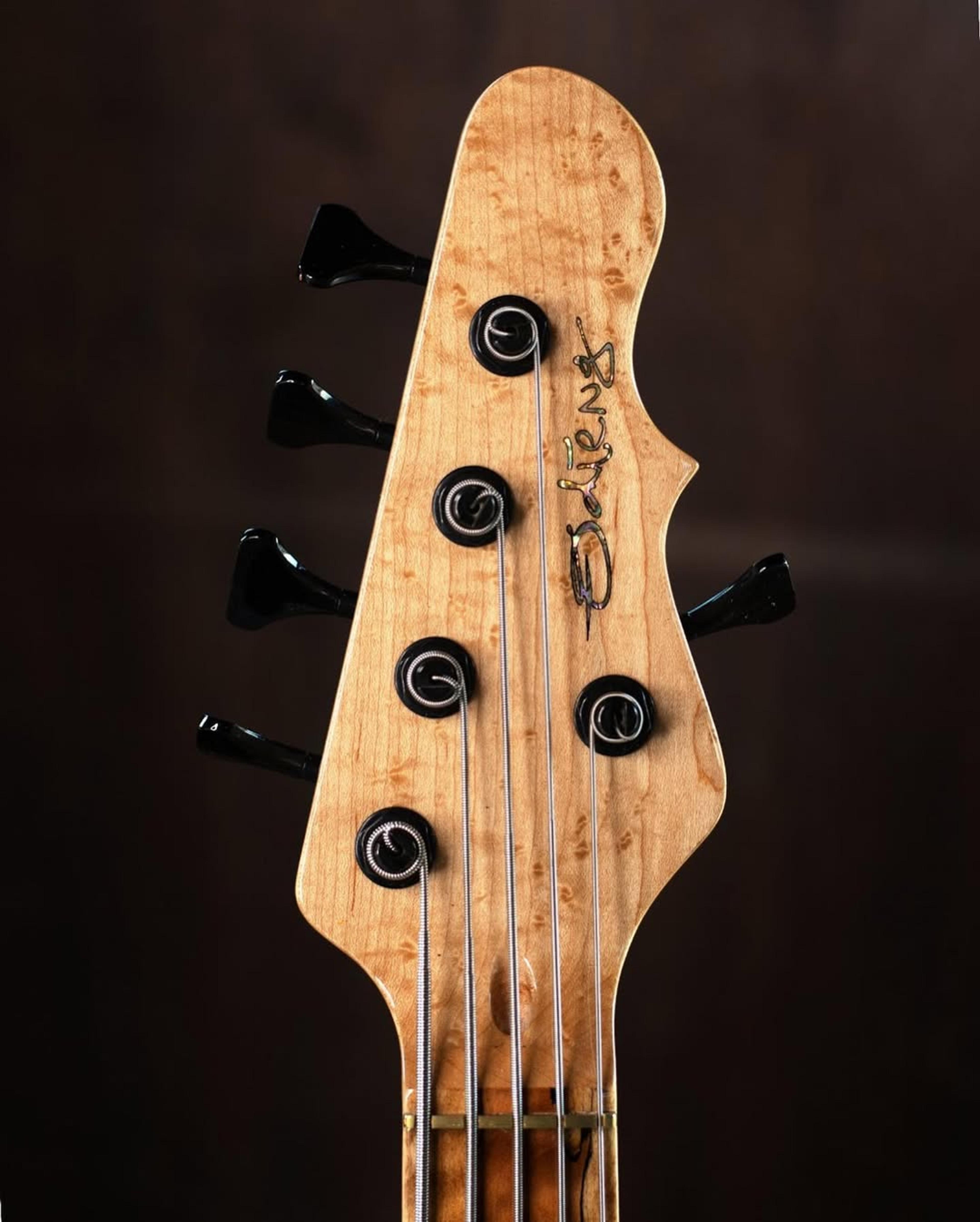 Front Headstock view of the ODIENG Corvette 5 string bass
