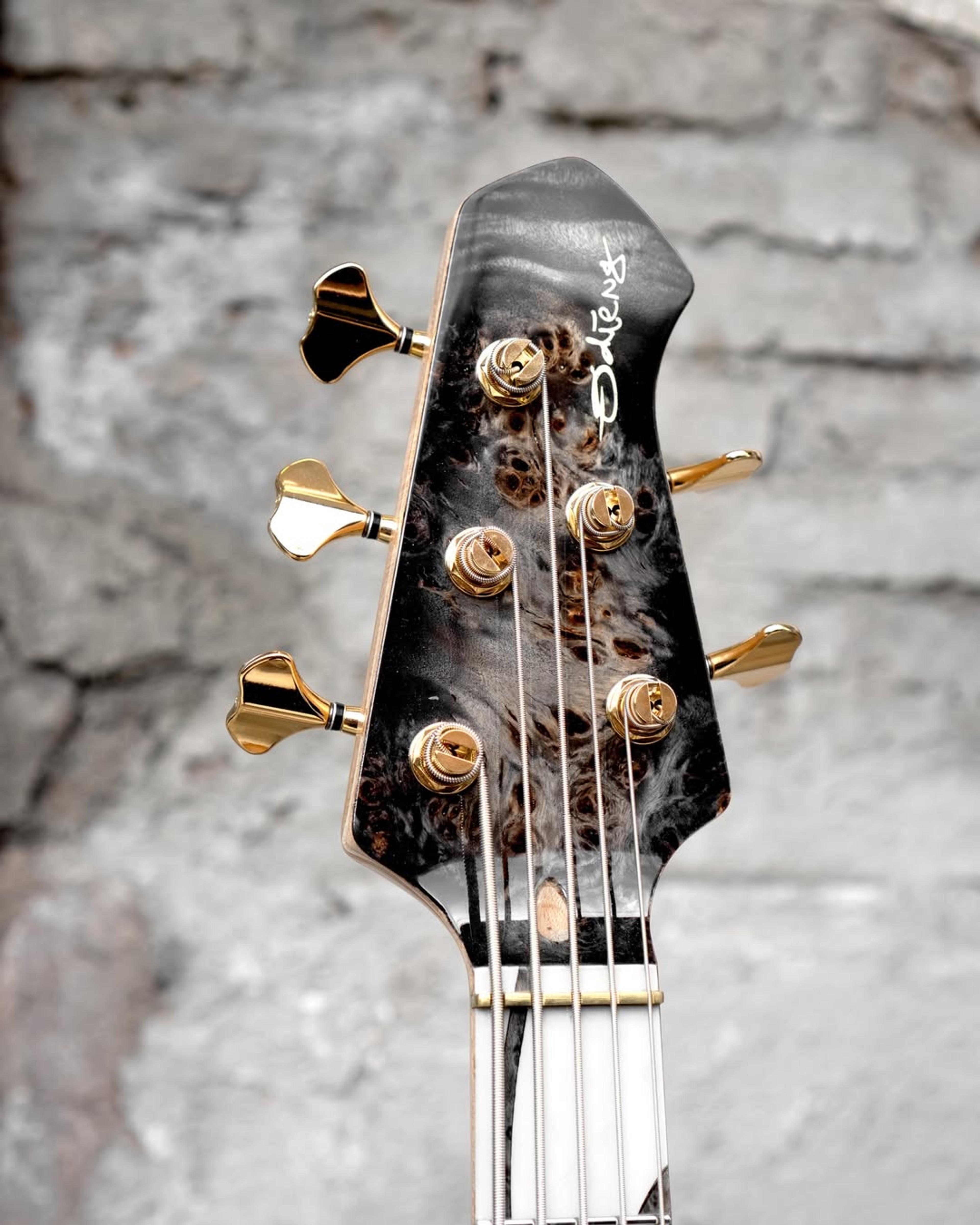 Front Headstock view of the ODIENG JC'82 V3 Signature 5 string bass