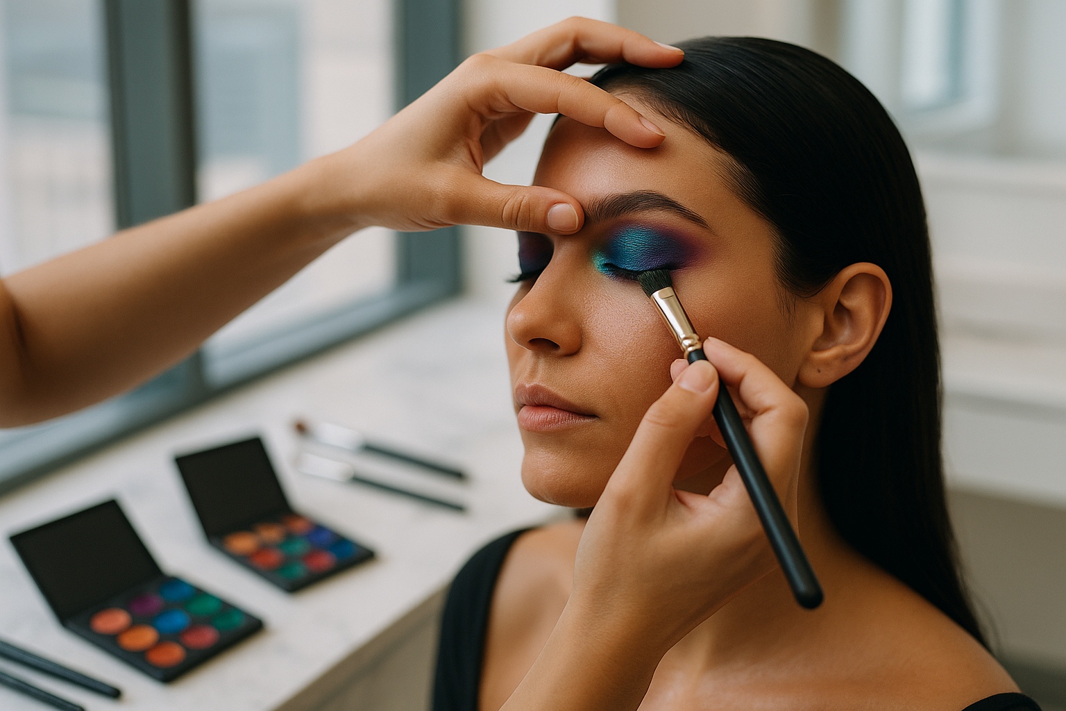 Makeup artist applying foundation to a client backstage at a Dubai fashion event, UAE