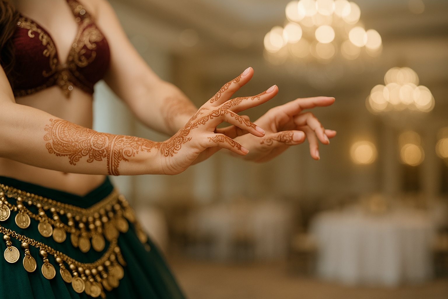 Belly dancer performing at a Dubai hotel event, representing belly dance Dubai bookings across the UAE
