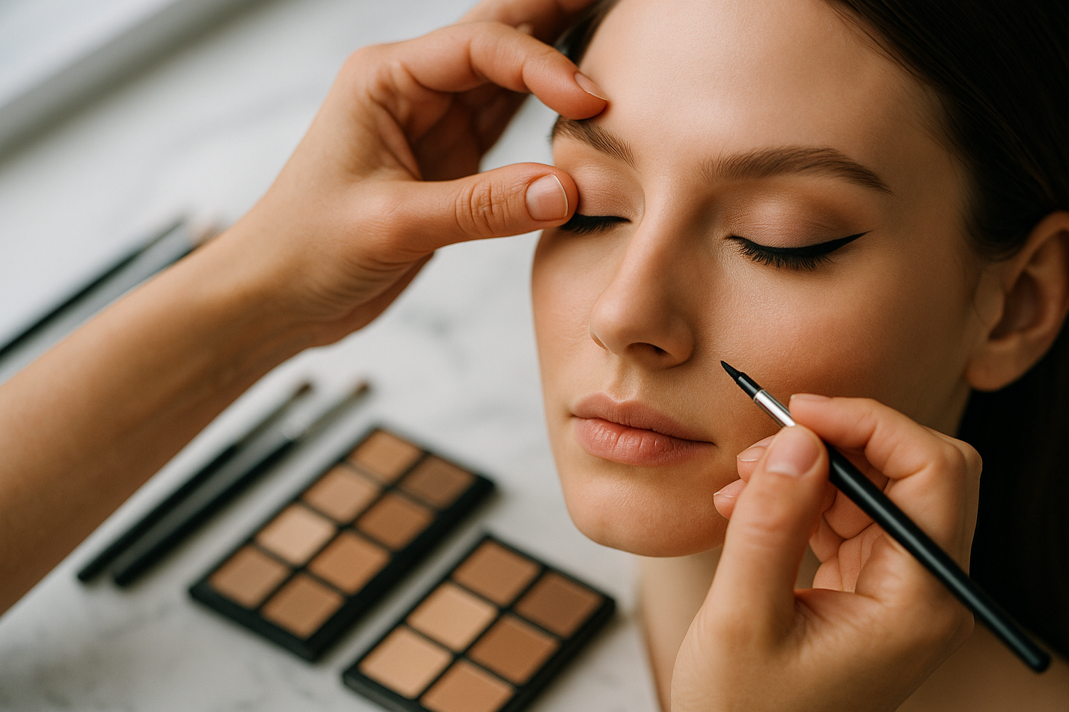 Professional make up artist applying bridal makeup for a client in Dubai, UAE